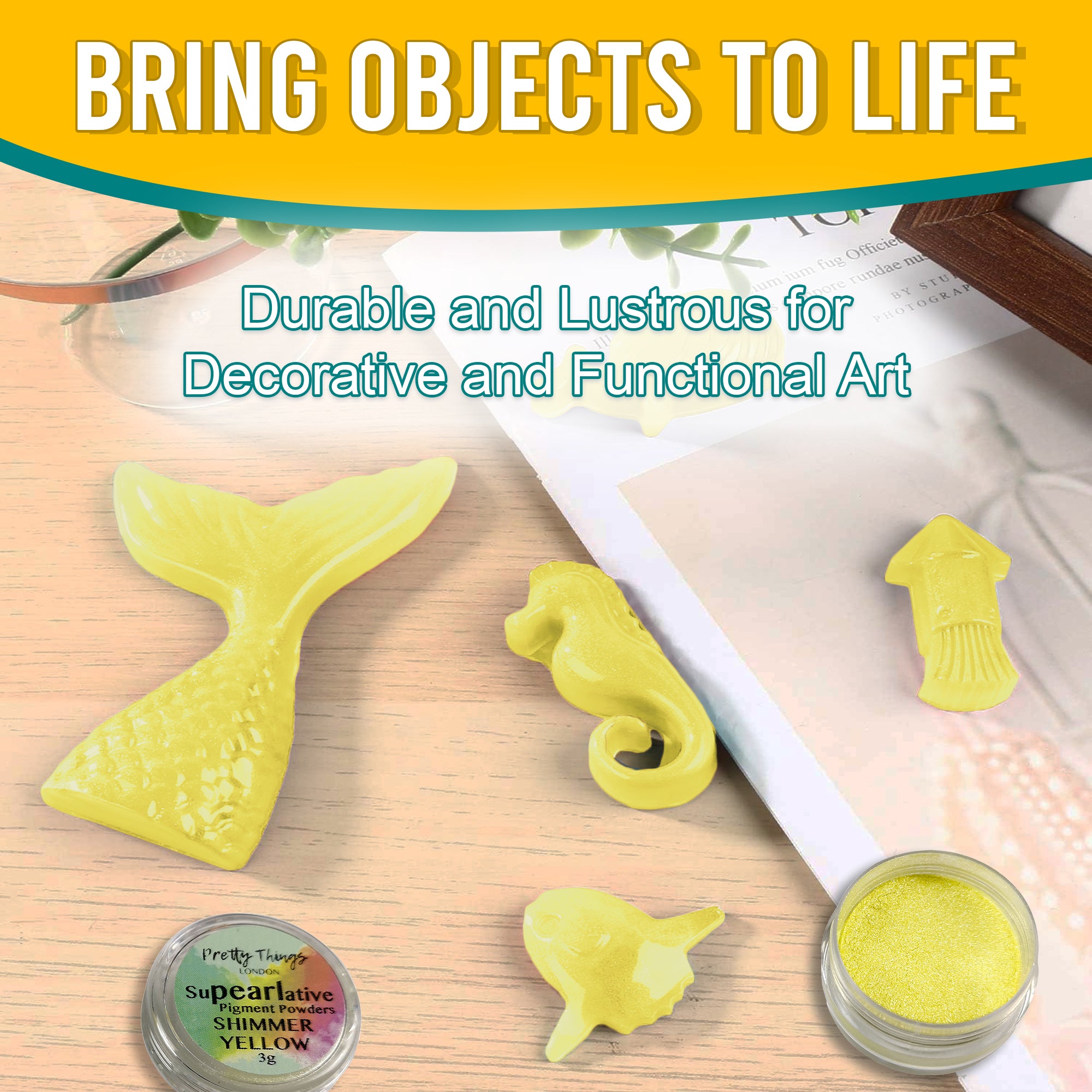 Shimmer Yellow pigment powder used in decorative art pieces like a mermaid tail and seahorse, illustrating its durability and lustrous finish for functional art objects.