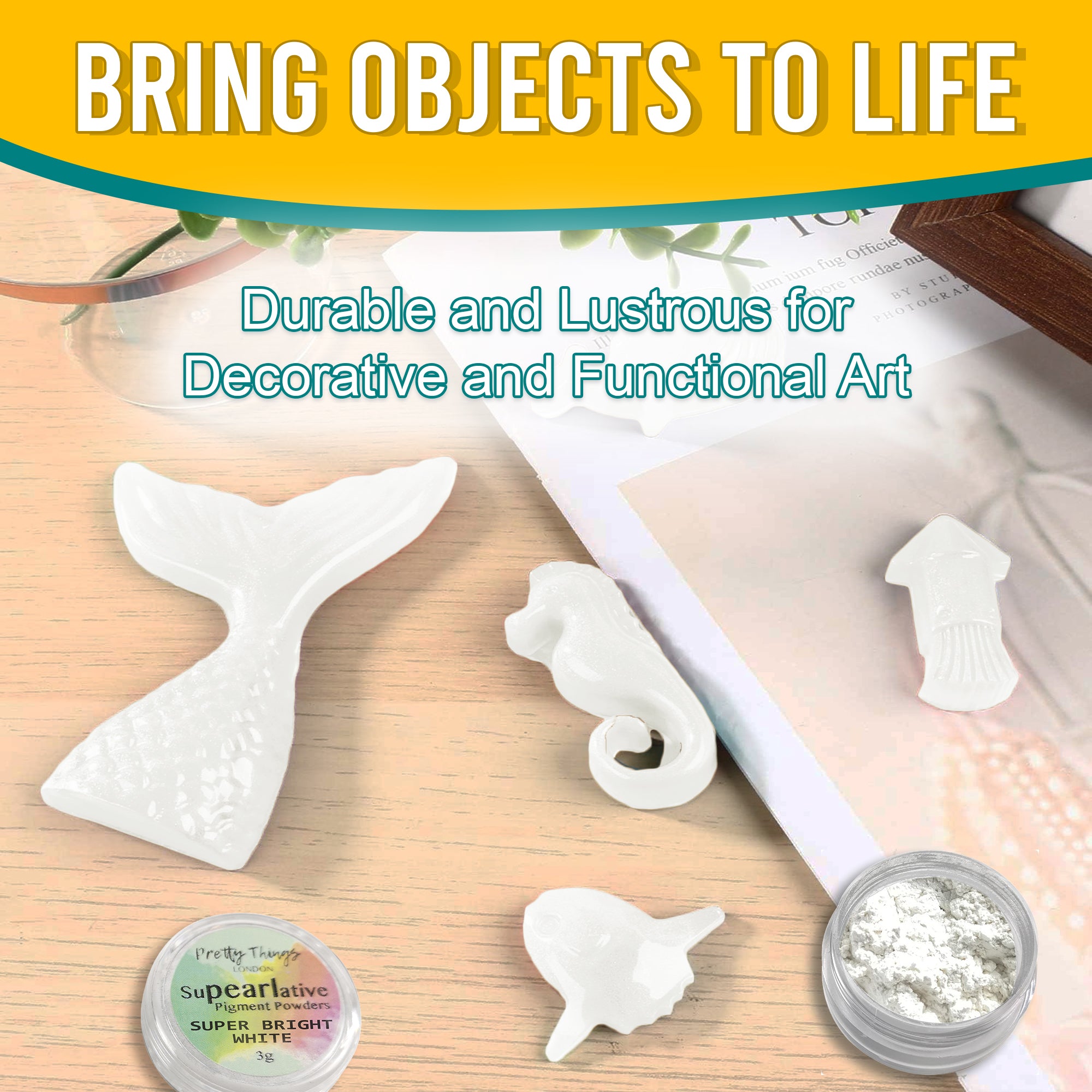 Super Bright White pigment powder used in decorative art pieces like a mermaid tail and seahorse, illustrating its durability and lustrous finish for functional art objects.