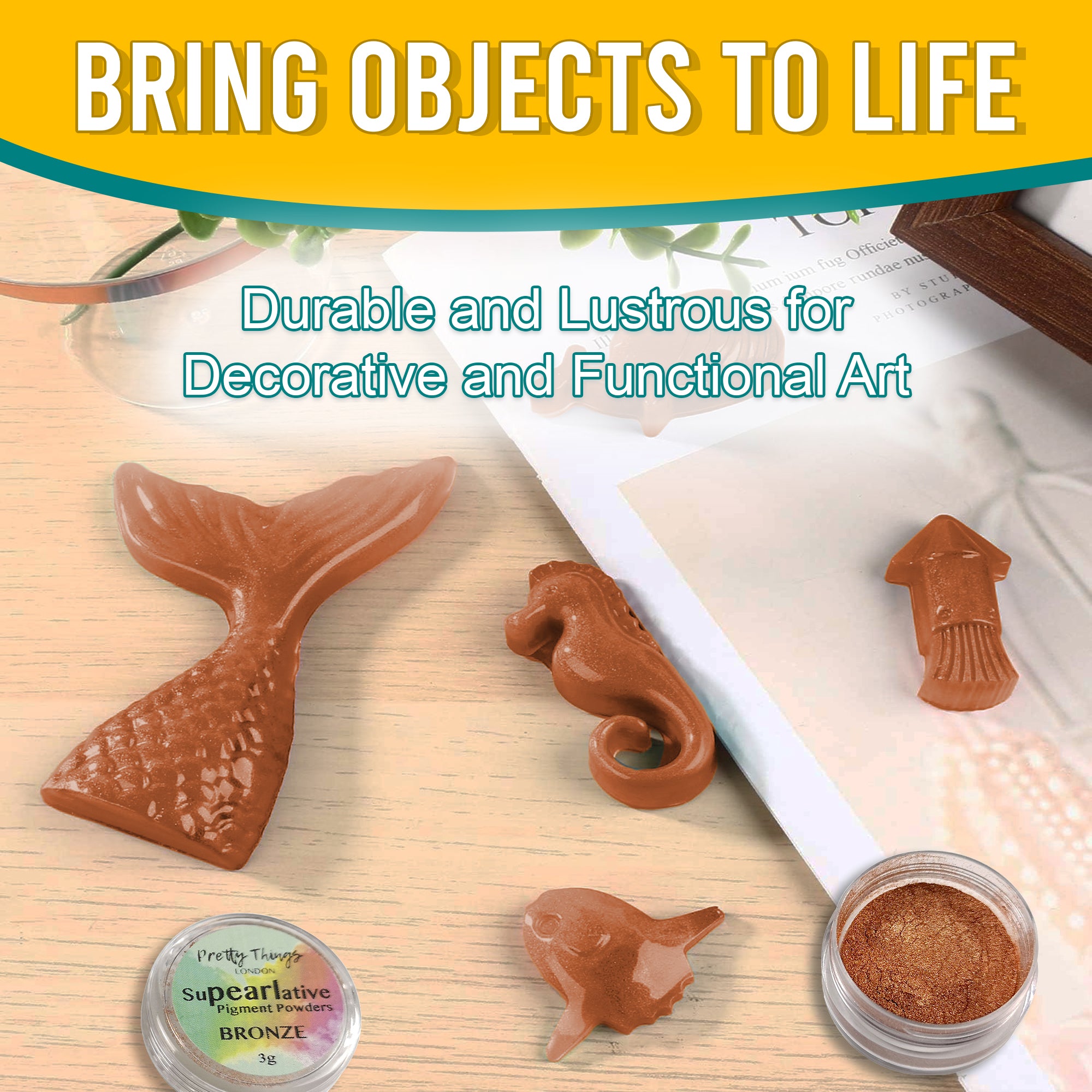 Bronze pigment powder used in decorative art pieces like a mermaid tail and seahorse, illustrating its durability and lustrous finish for functional art objects.