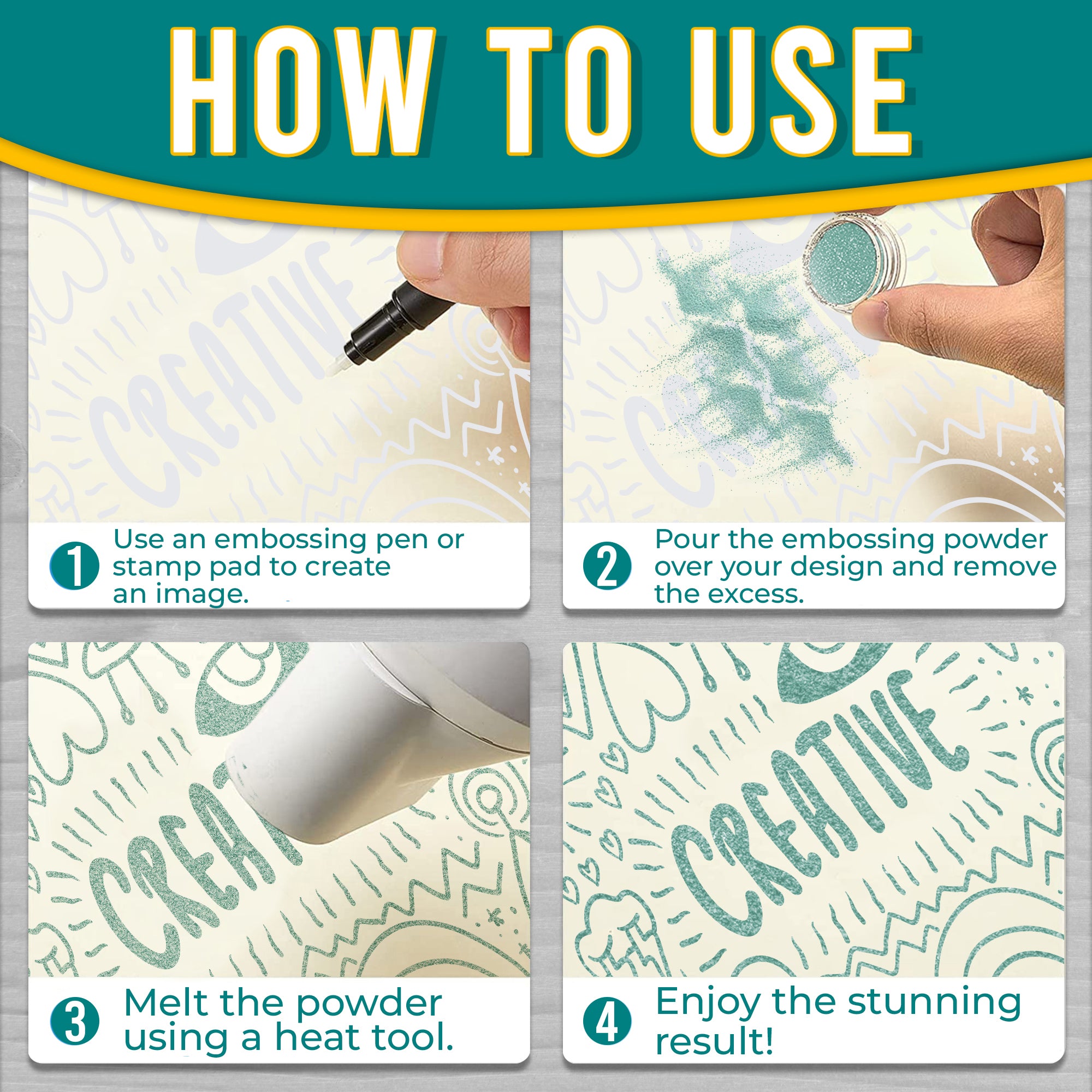 Step-by-step 'How to Use' guide for Green Turquoise Pastel embossing powder, illustrating image creation, powder pouring, heating, and the final effect.