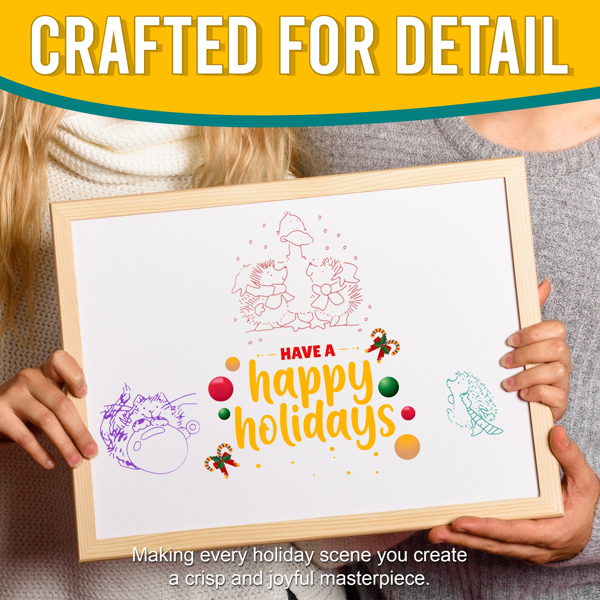 Two people holding a large card adorned with holiday stamps, including images of hedgehogs, a cat, and the message "Have a Happy Holidays." The text "Crafted for Detail" underscores the ability to create crisp and joyful masterpieces with the stamp set.