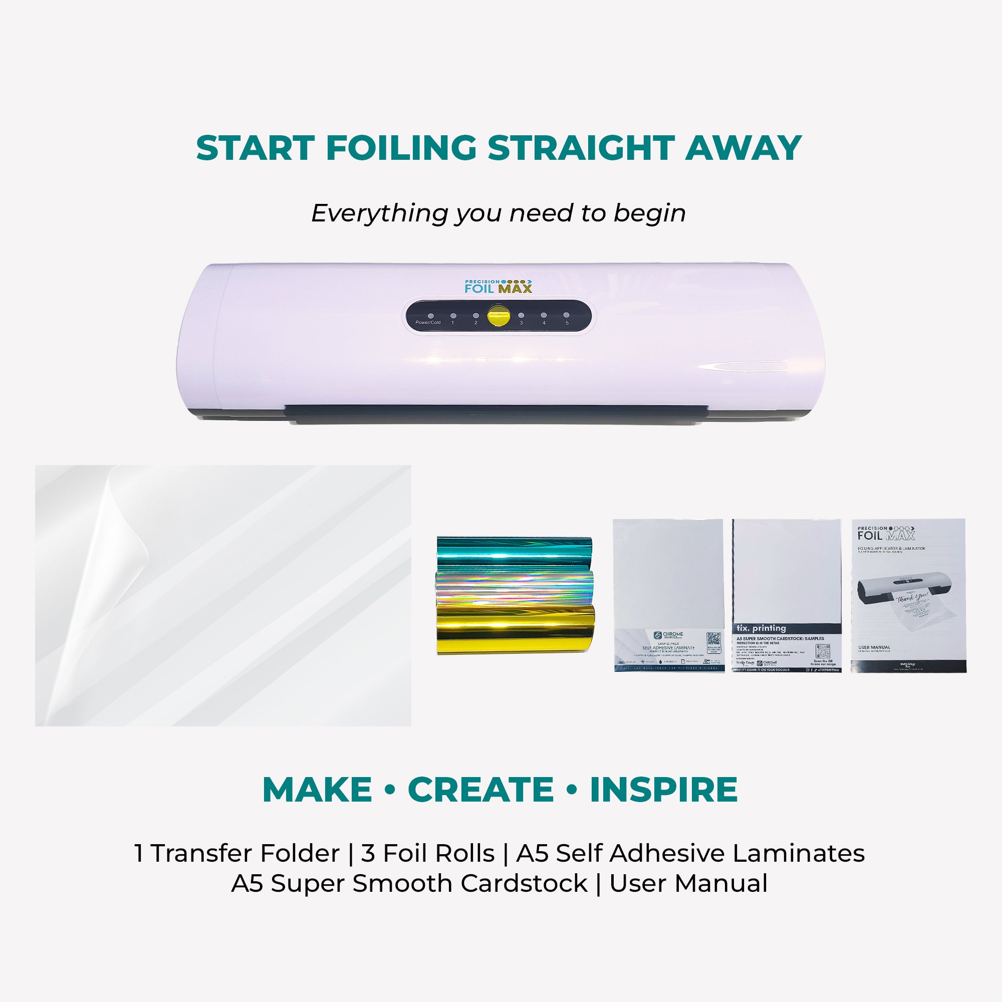 FoilMax foil application kit with transfer folder, foil rolls, and cardstock on a white background.