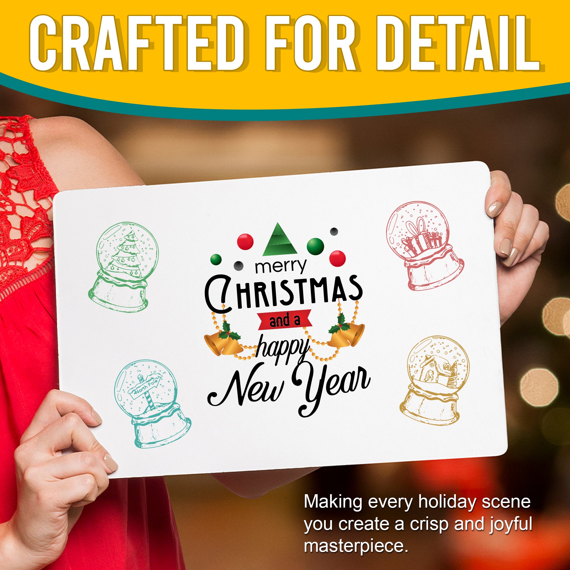 A person holding a card with colourful snow globe stamps and the message 'Merry Christmas and a Happy New Year.' The detailed stamped images include a Christmas tree, North Pole sign, and gifts. The text 'CRAFTED FOR DETAIL' emphasizes the precision and joyful details of the stamps, perfect for holiday creations.