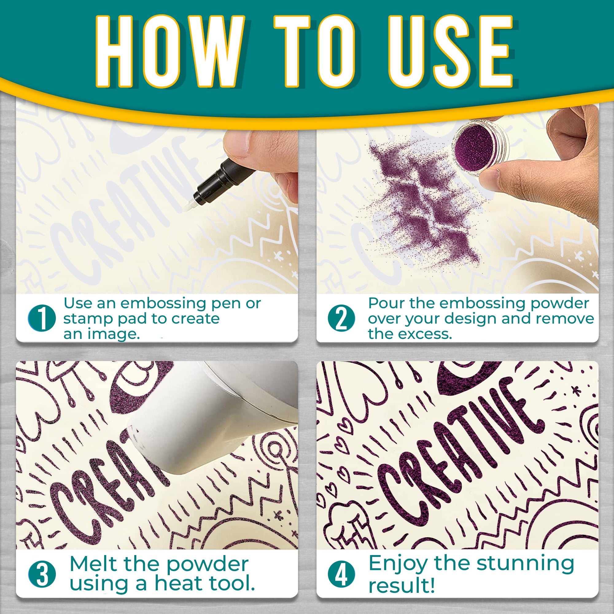 Instructions for using Purple Razzmic Berry embossing powder, featuring application steps with visuals: create an image, pour powder, heat to melt, and the final result.