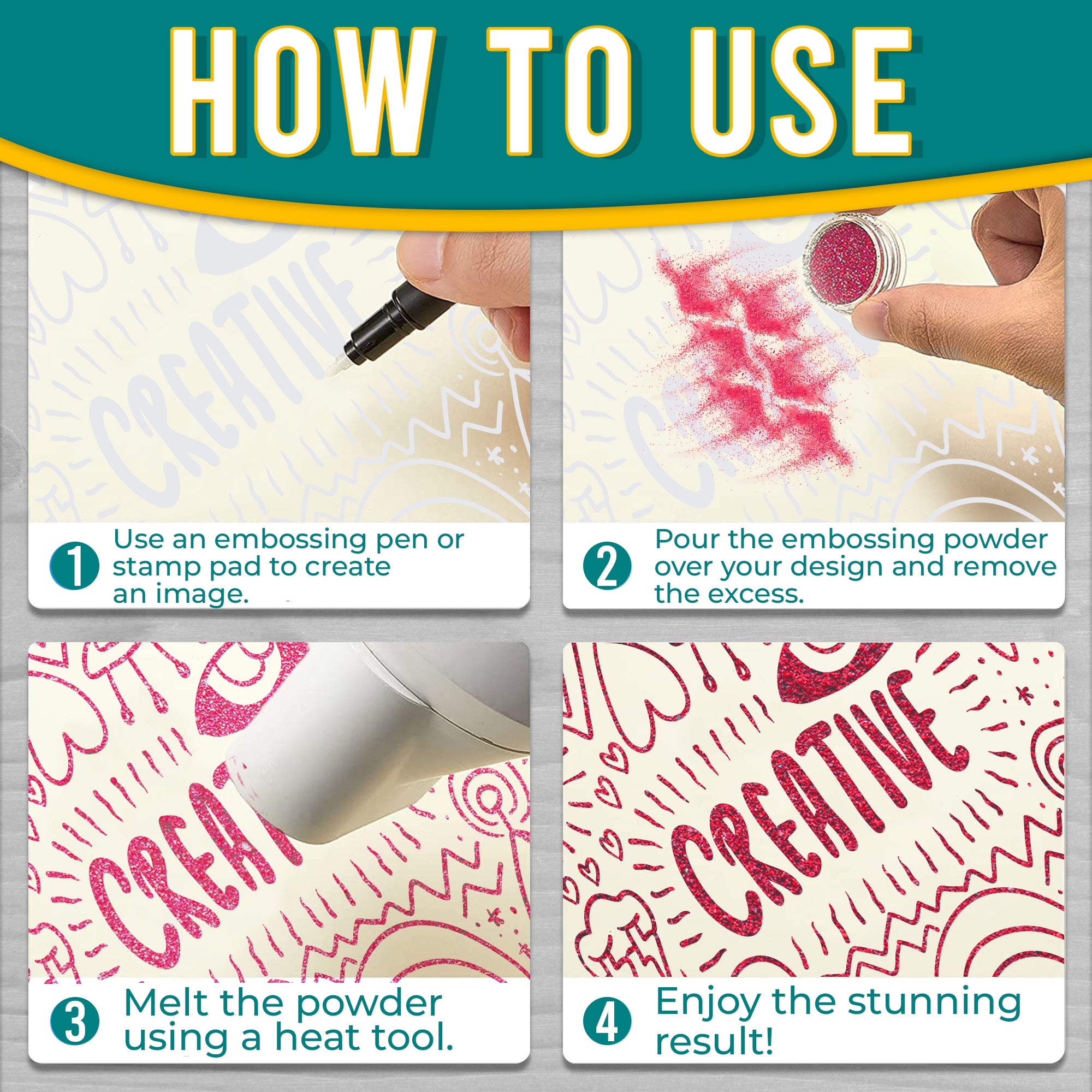 Step-by-step 'How to Use' guide for Azalea Pink embossing powder, showing application with an embossing pen or stamp pad, powder pouring, heating, and the final design.