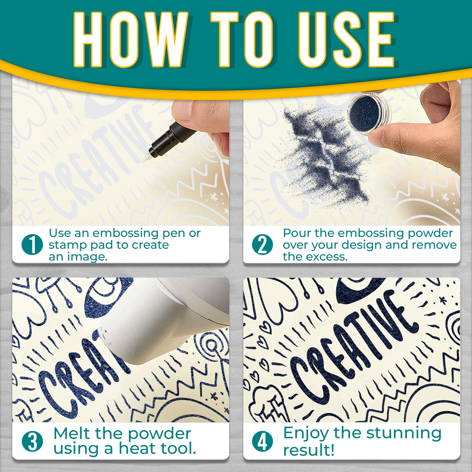 Step-by-step 'How to Use' guide for Blue Midnight embossing powder, illustrating application, powder pouring, heating, and the final result.