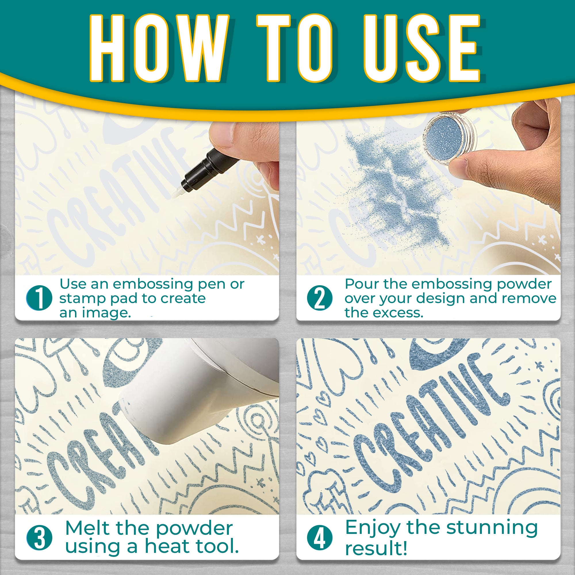 Step-by-step 'How to Use' guide for Blue Pastel embossing powder, showing the process from image creation to the final design using the powder.