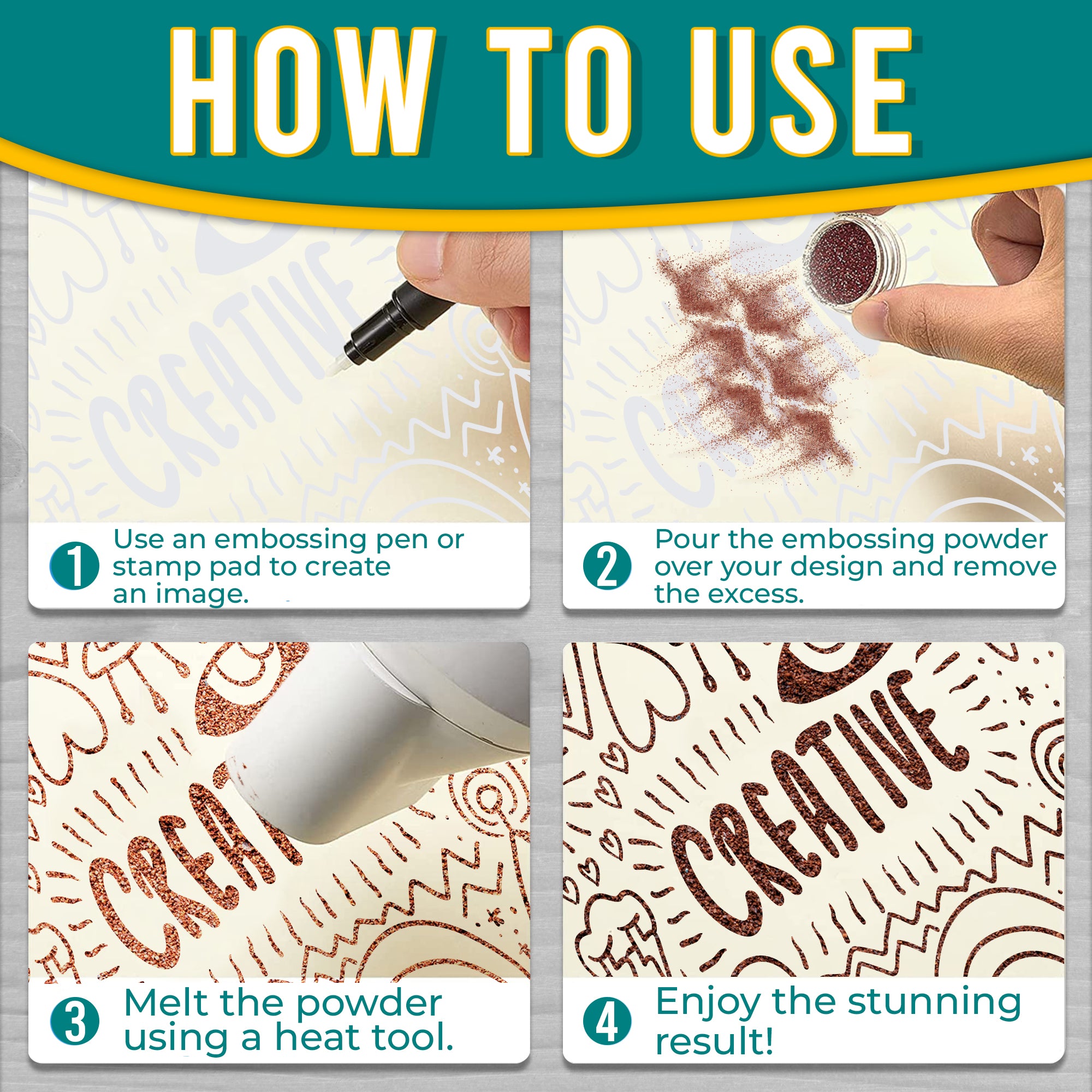 Step-by-step 'How to Use' guide for Copper embossing powder, showing the process from image creation to the final design using the powder.