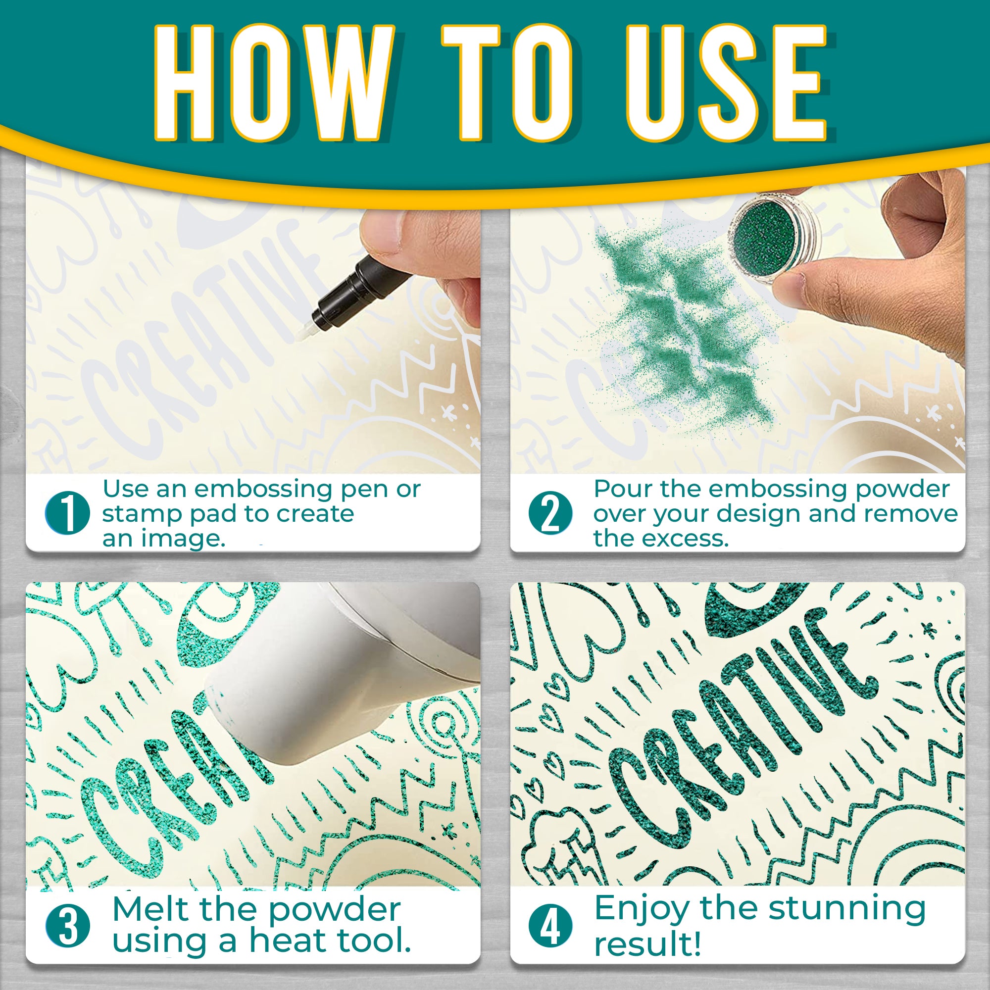 Step-by-step 'How to Use' guide for Green embossing powder, illustrating application, powder pouring, heating, and the final result.