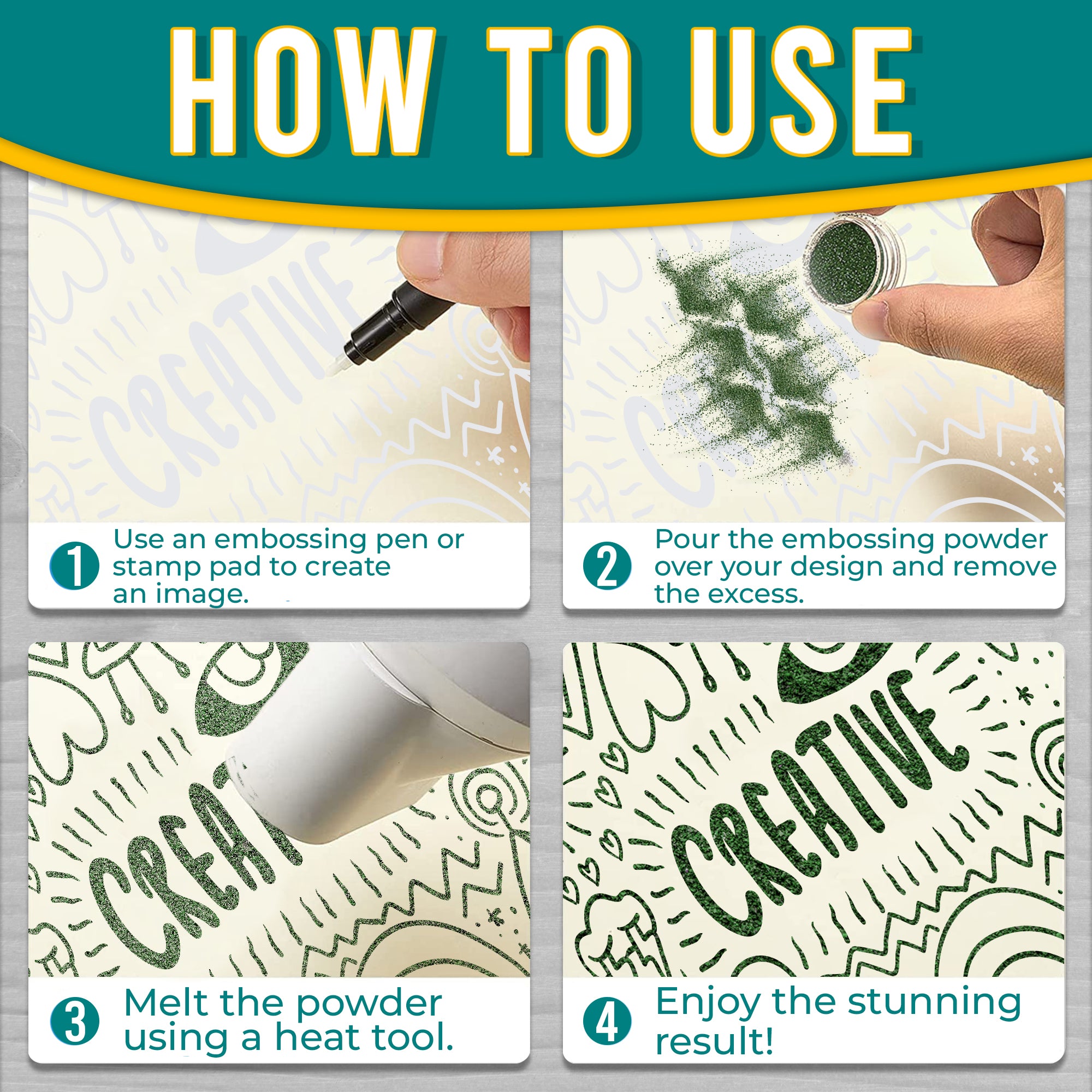 Instructions for using Green Olive embossing powder, featuring application steps with visuals: create an image, pour powder, heat to melt, and the final result.