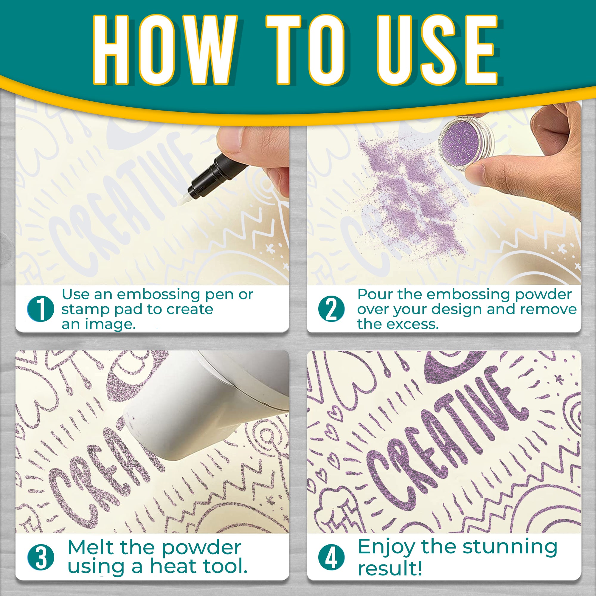 Instructions for using Lilac embossing powder, featuring application steps with visuals: create an image, pour powder, heat to melt, and the final result.