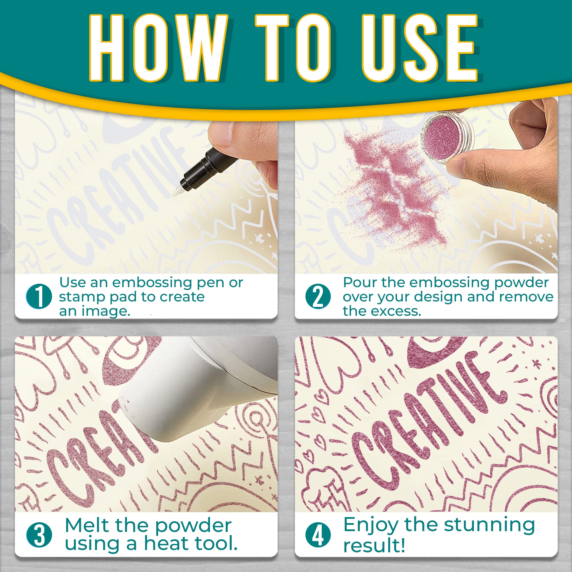 Step-by-step 'How to Use' guide for Pink embossing powder, showing the process from image creation to the final design using the powder.