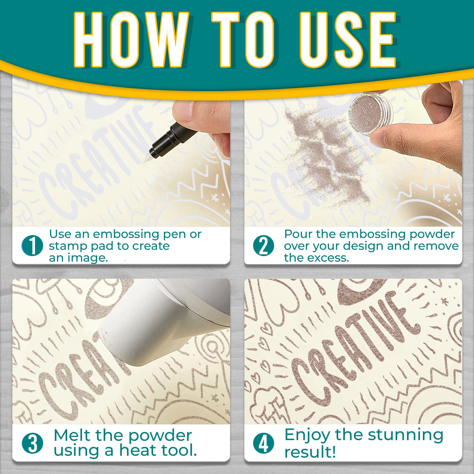 Step-by-step 'How to Use' guide for Pink Pastel embossing powder, showing the process from image creation to the final design using the powder.