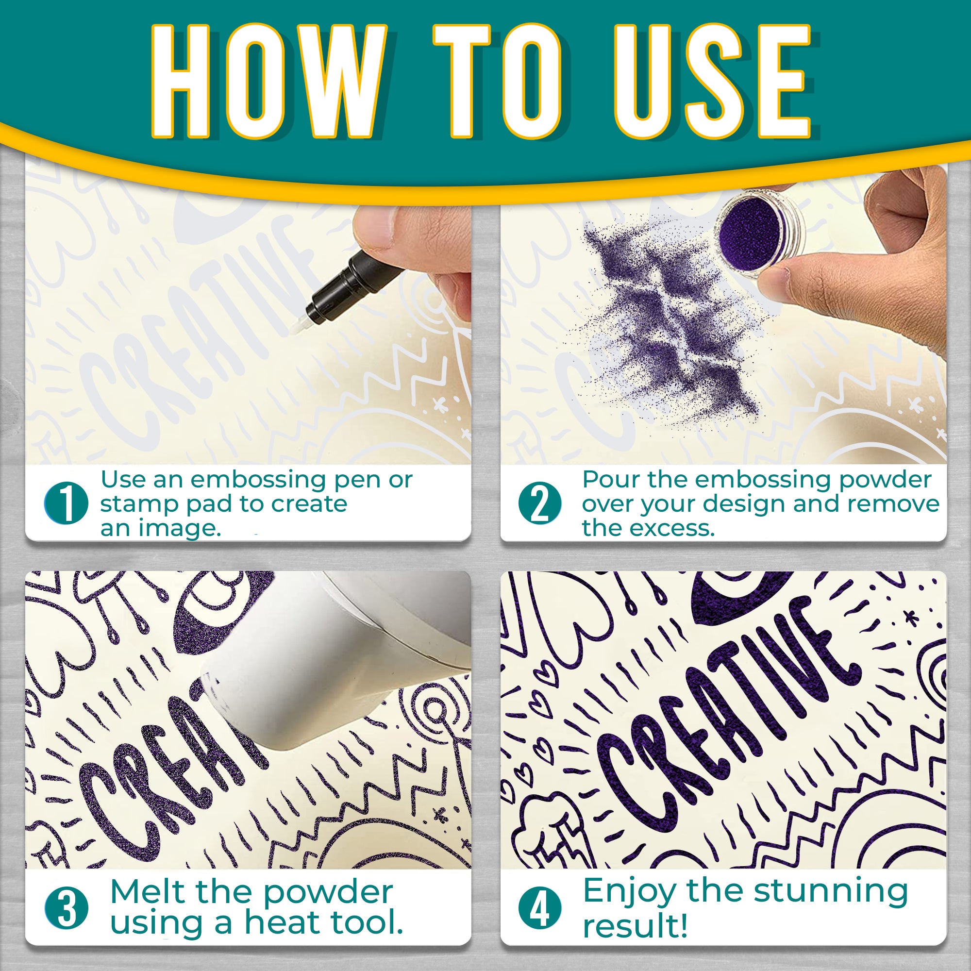 Step-by-step 'How to Use' guide for Purple Violet embossing powder, showing the process from image creation to the final design using the powder.