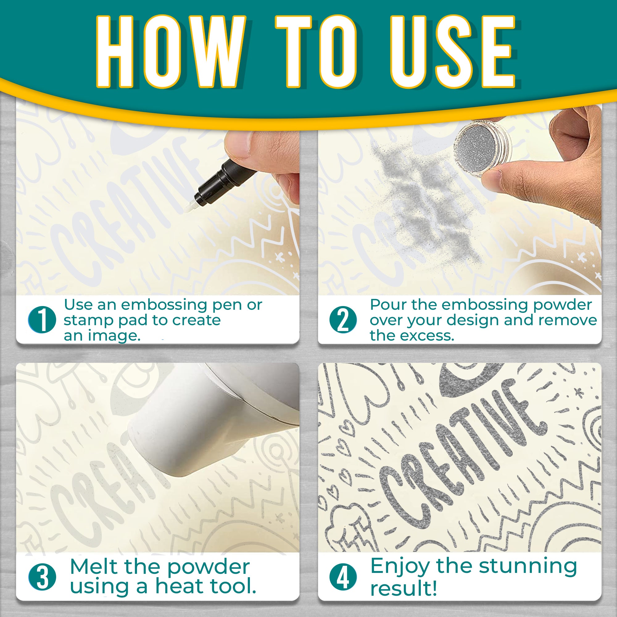Step-by-step 'How to Use' guide for Silver embossing powder, showing the process from image creation to the final design using the powder.