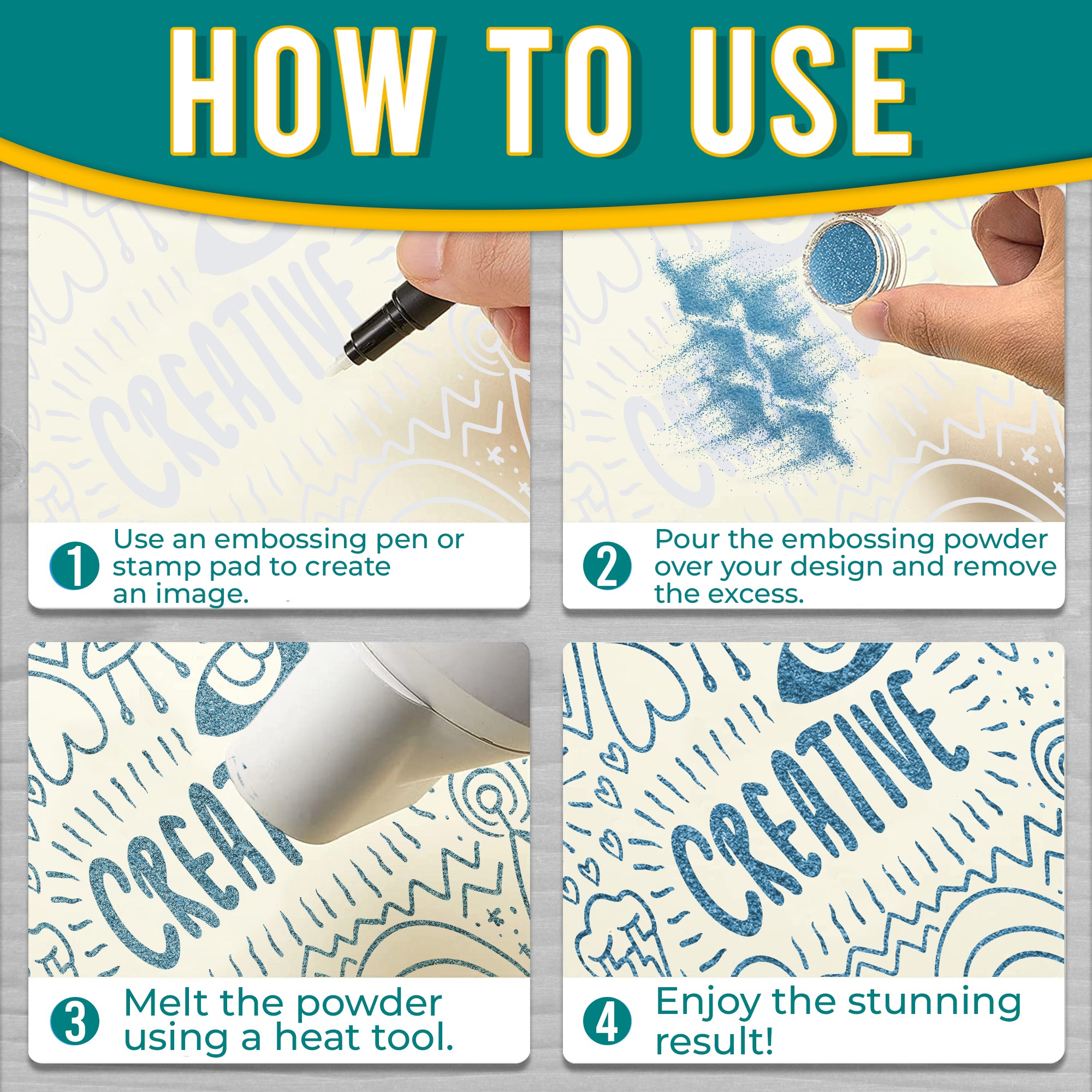 Instructions for using Sky Blue embossing powder, featuring application steps with visuals: create an image, pour powder, heat to melt, and the final result.