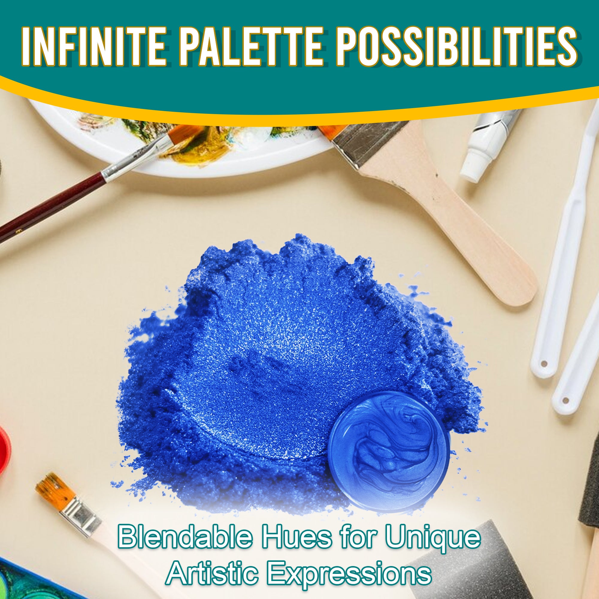 Dark Magic Blue pigment powder spread out, surrounded by artistic tools, emphasizing its blendable hues and infinite palette possibilities for unique artistic expressions.