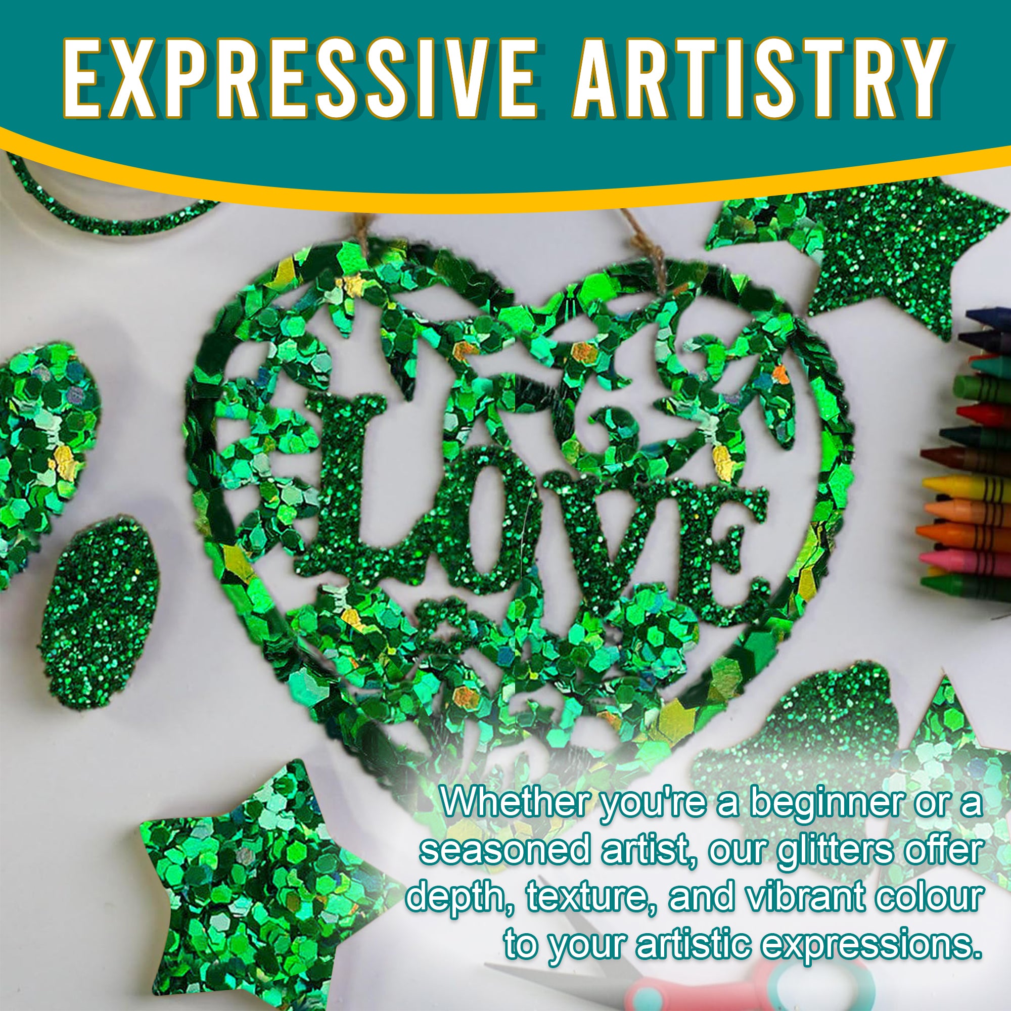 6.	Artistic Expressions - Green Glitter Trio for Adding Depth and Texture to Art Pieces