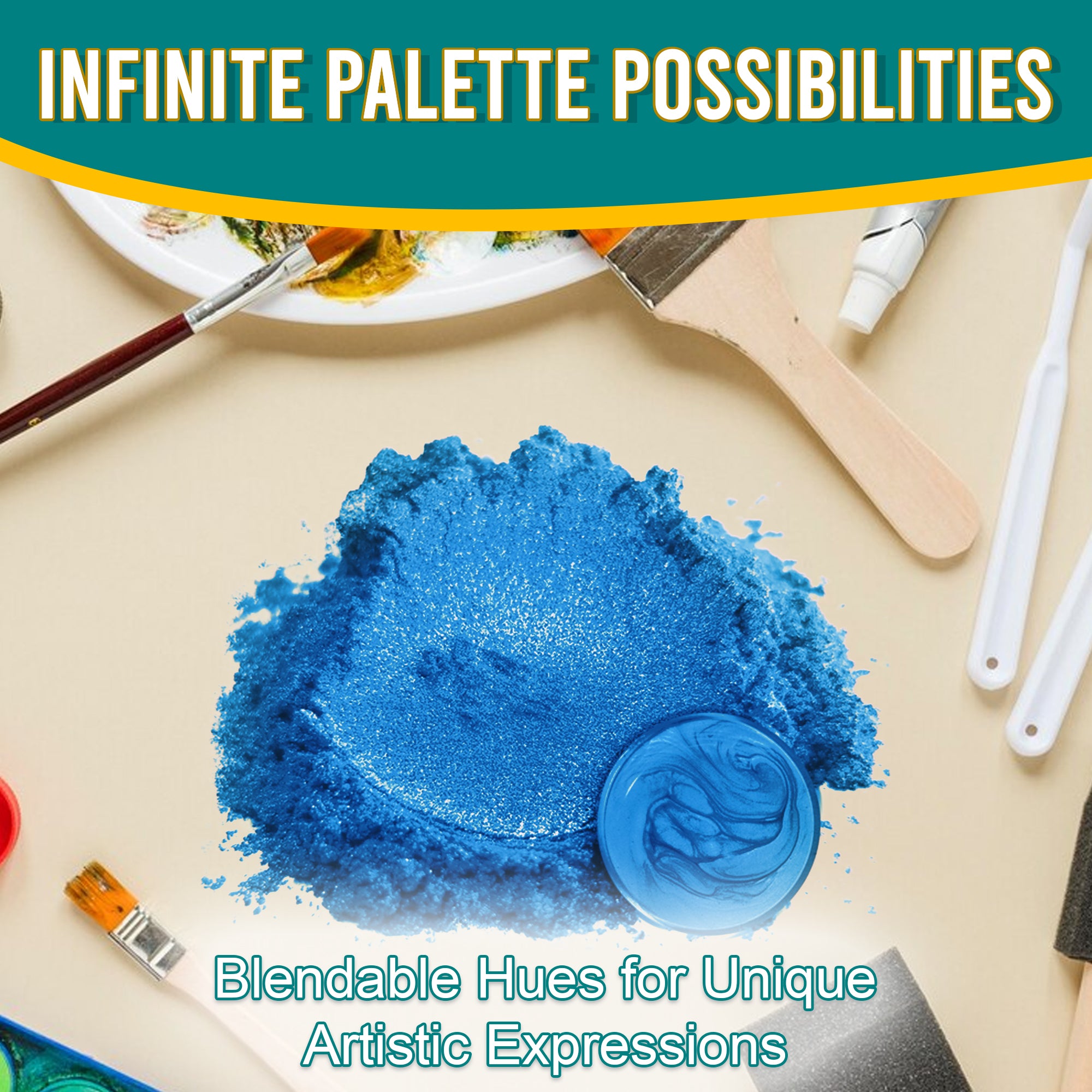 Magic Blue pigment powder spread out, surrounded by artistic tools, emphasizing its blendable hues and infinite palette possibilities for unique artistic expressions.