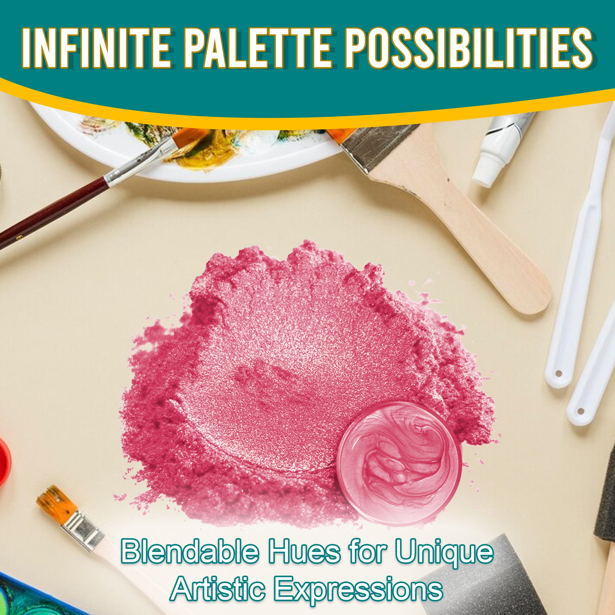 Peachblow pigment powder spread out, surrounded by artistic tools, emphasizing its blendable hues and infinite palette possibilities for unique artistic expressions.