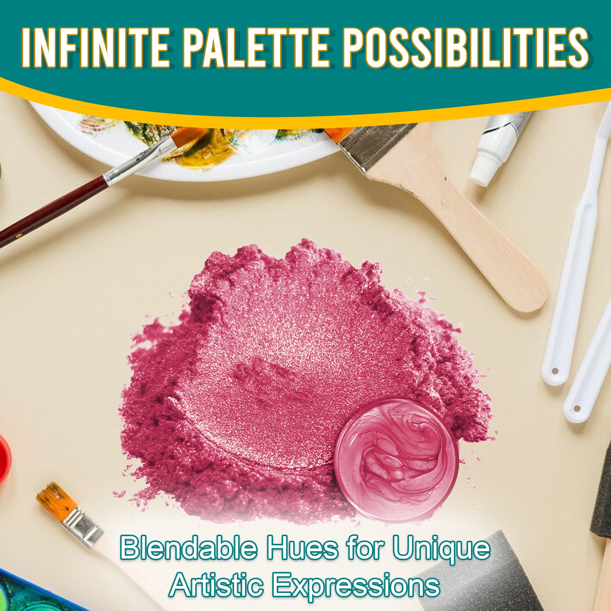 Pink Frosting pigment powder spread out, surrounded by artistic tools, emphasizing its blendable hues and infinite palette possibilities for unique artistic expressions.