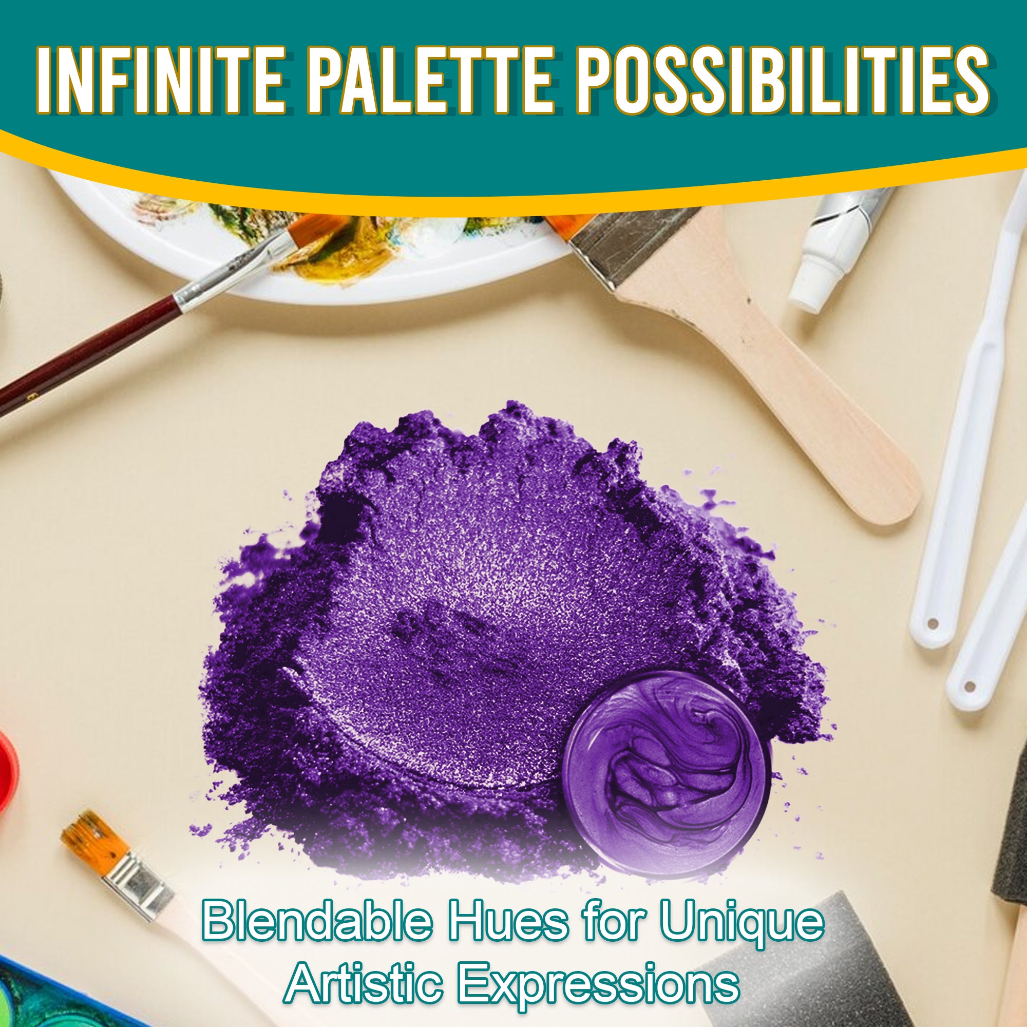 Purple Pearl pigment powder spread out, surrounded by artistic tools, emphasizing its blendable hues and infinite palette possibilities for unique artistic expressions.