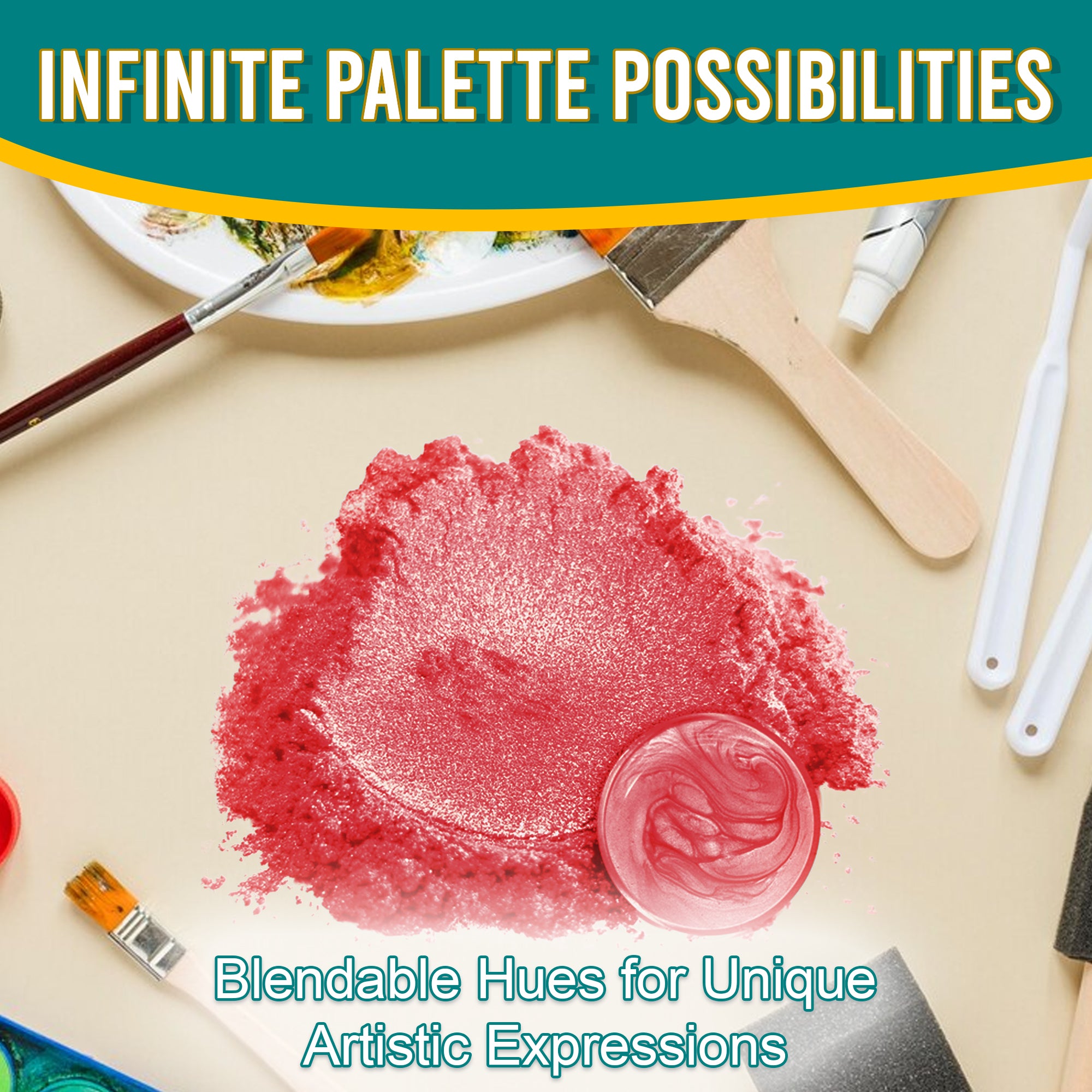 Red pigment powder spread out, surrounded by artistic tools, emphasizing its blendable hues and infinite palette possibilities for unique artistic expressions.