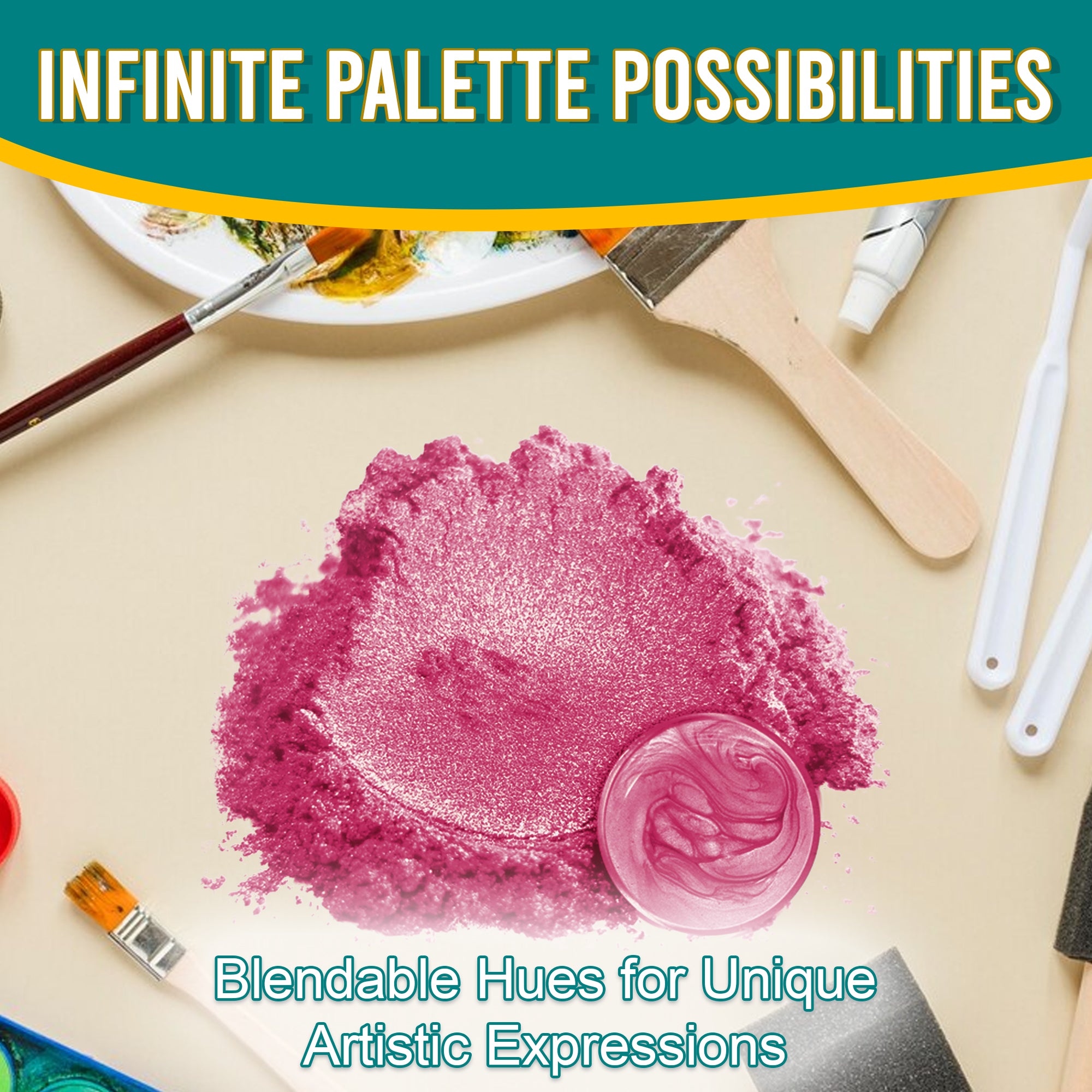 Rose pigment powder spread out, surrounded by artistic tools, emphasizing its blendable hues and infinite palette possibilities for unique artistic expressions.