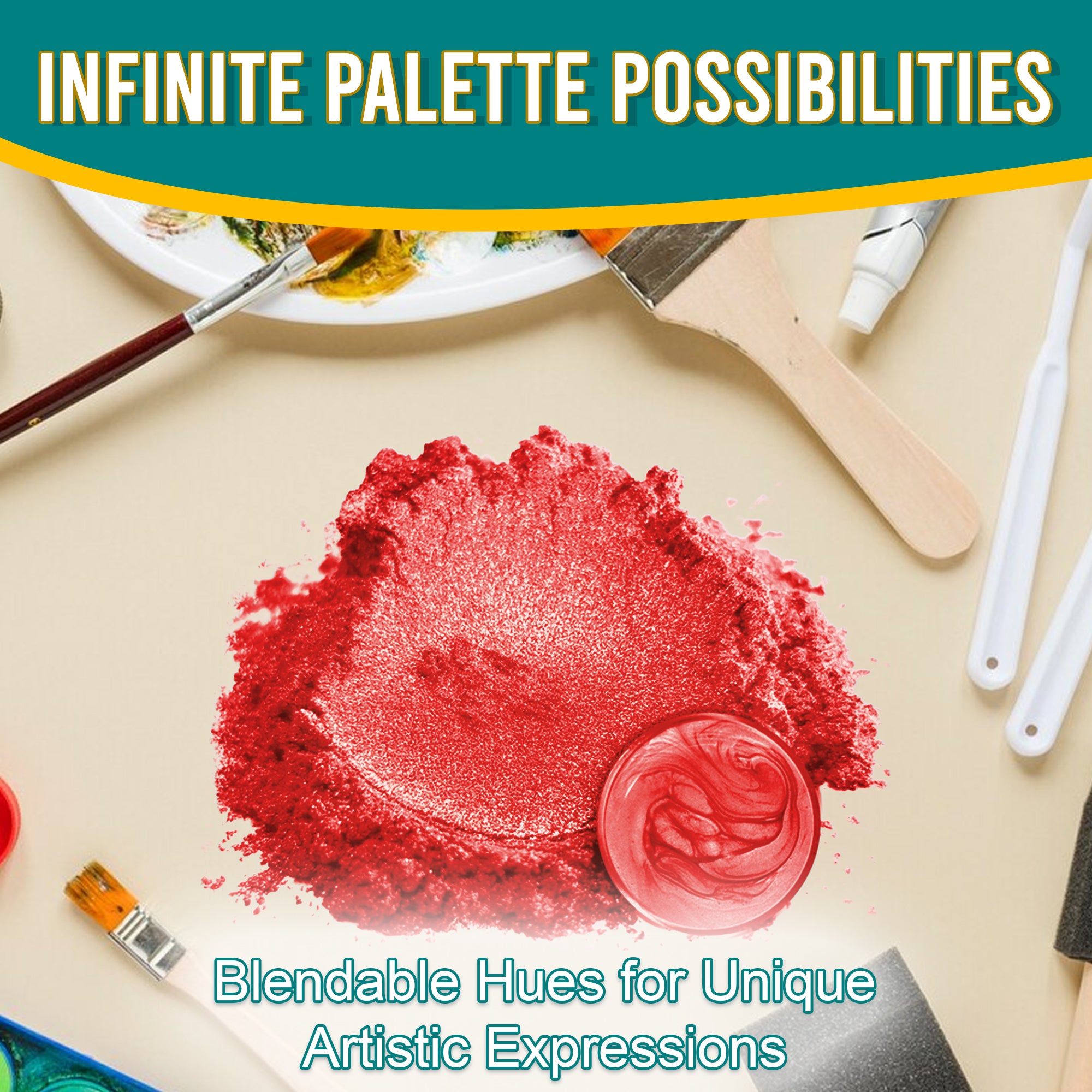 Rouge pigment powder spread out, surrounded by artistic tools, emphasizing its blendable hues and infinite palette possibilities for unique artistic expressions.