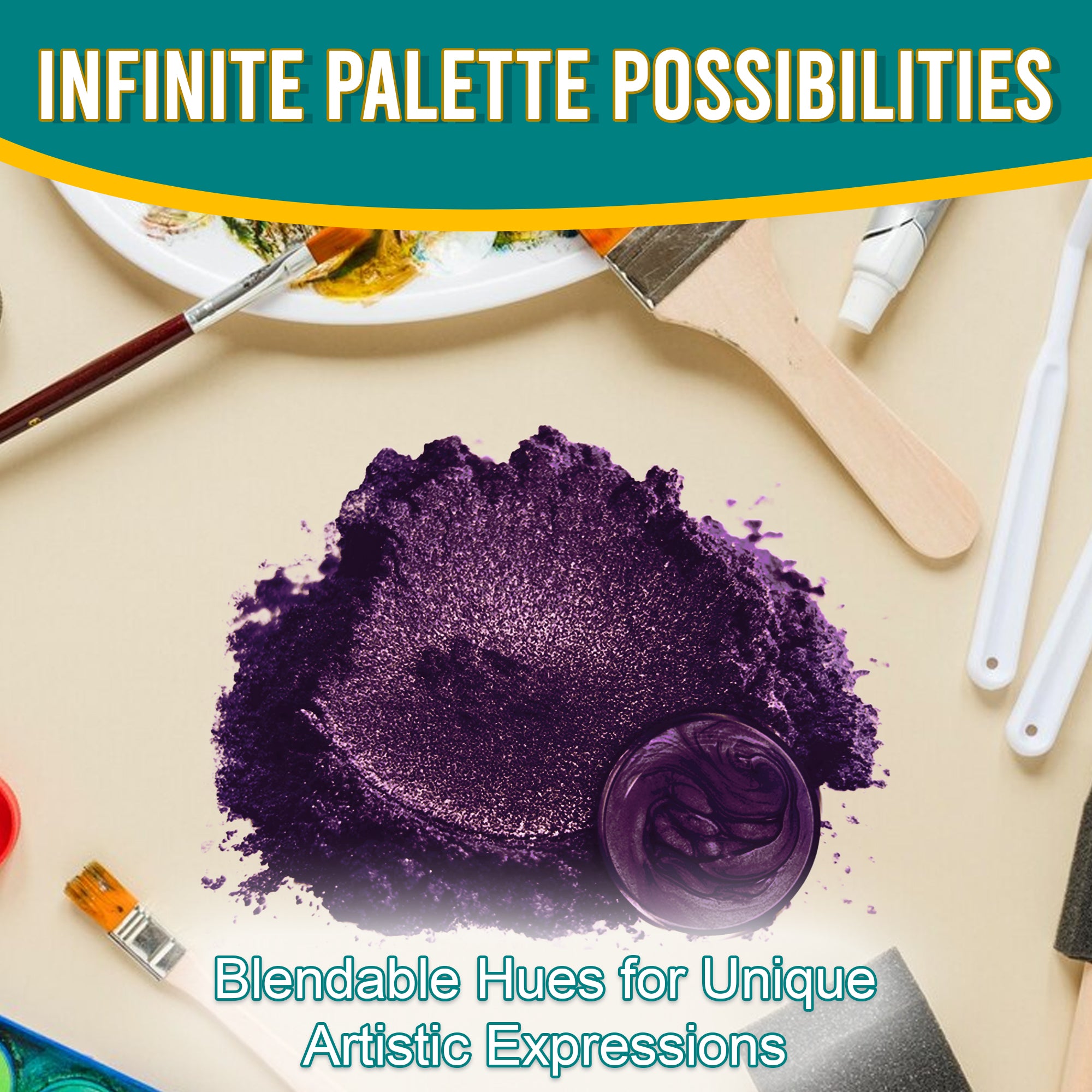 Shadow Purple pigment powder spread out, surrounded by artistic tools, emphasizing its blendable hues and infinite palette possibilities for unique artistic expressions.