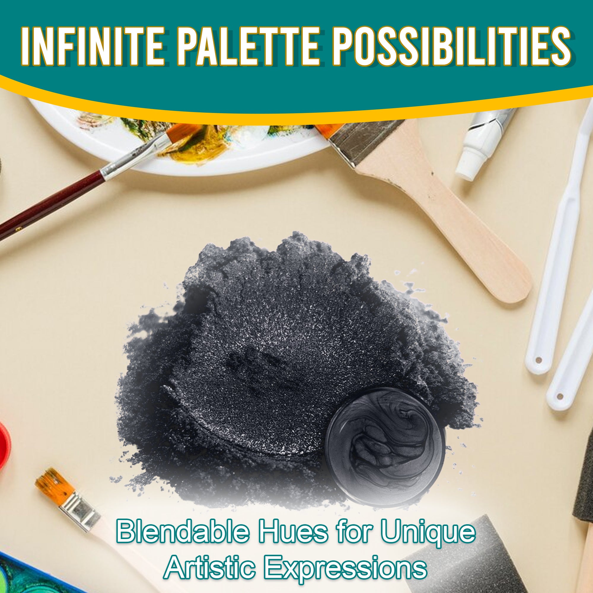 Silver Black pigment powder spread out, surrounded by artistic tools, emphasizing its blendable hues and infinite palette possibilities for unique artistic expressions.