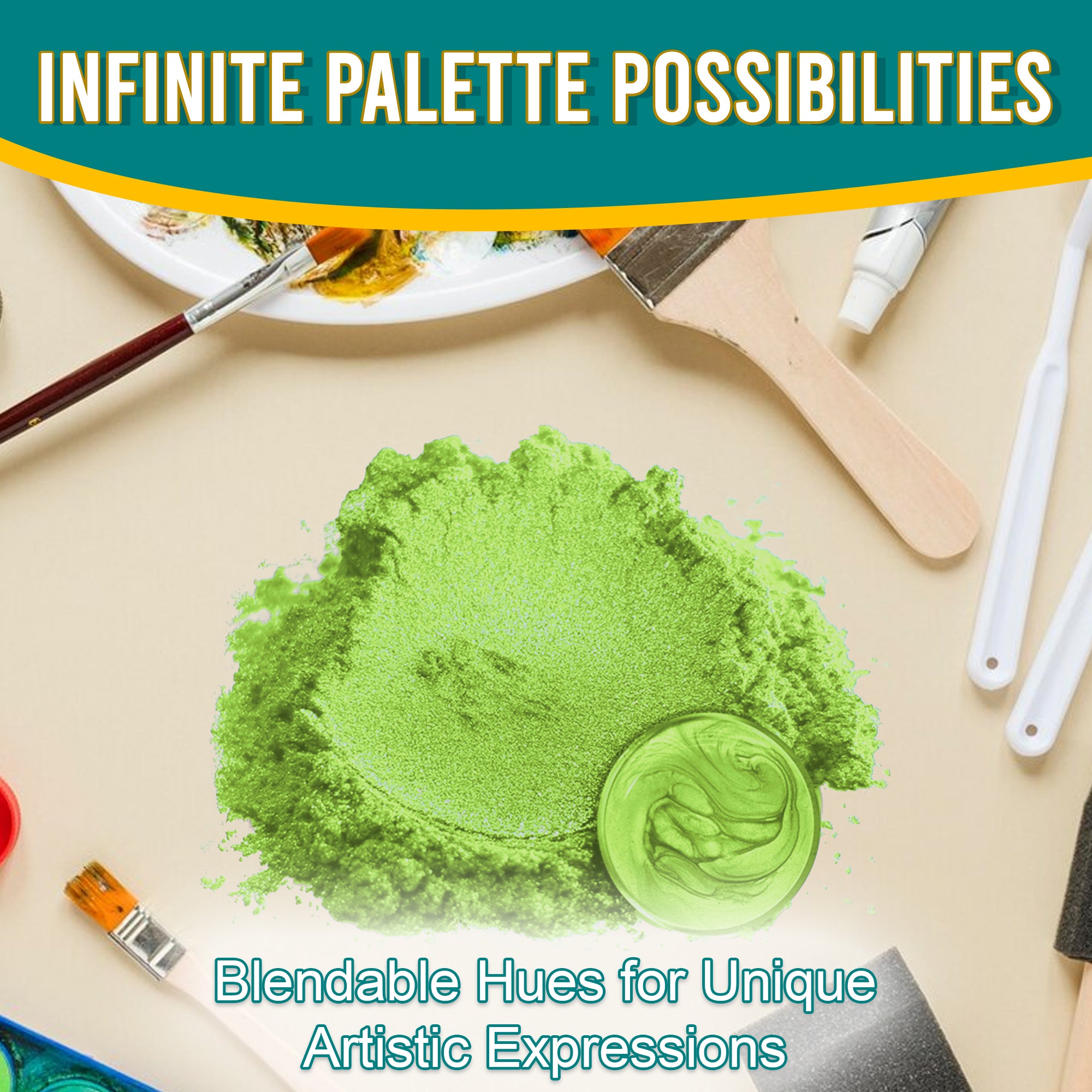 Spring Green pigment powder spread out, surrounded by artistic tools, emphasizing its blendable hues and infinite palette possibilities for unique artistic expressions.