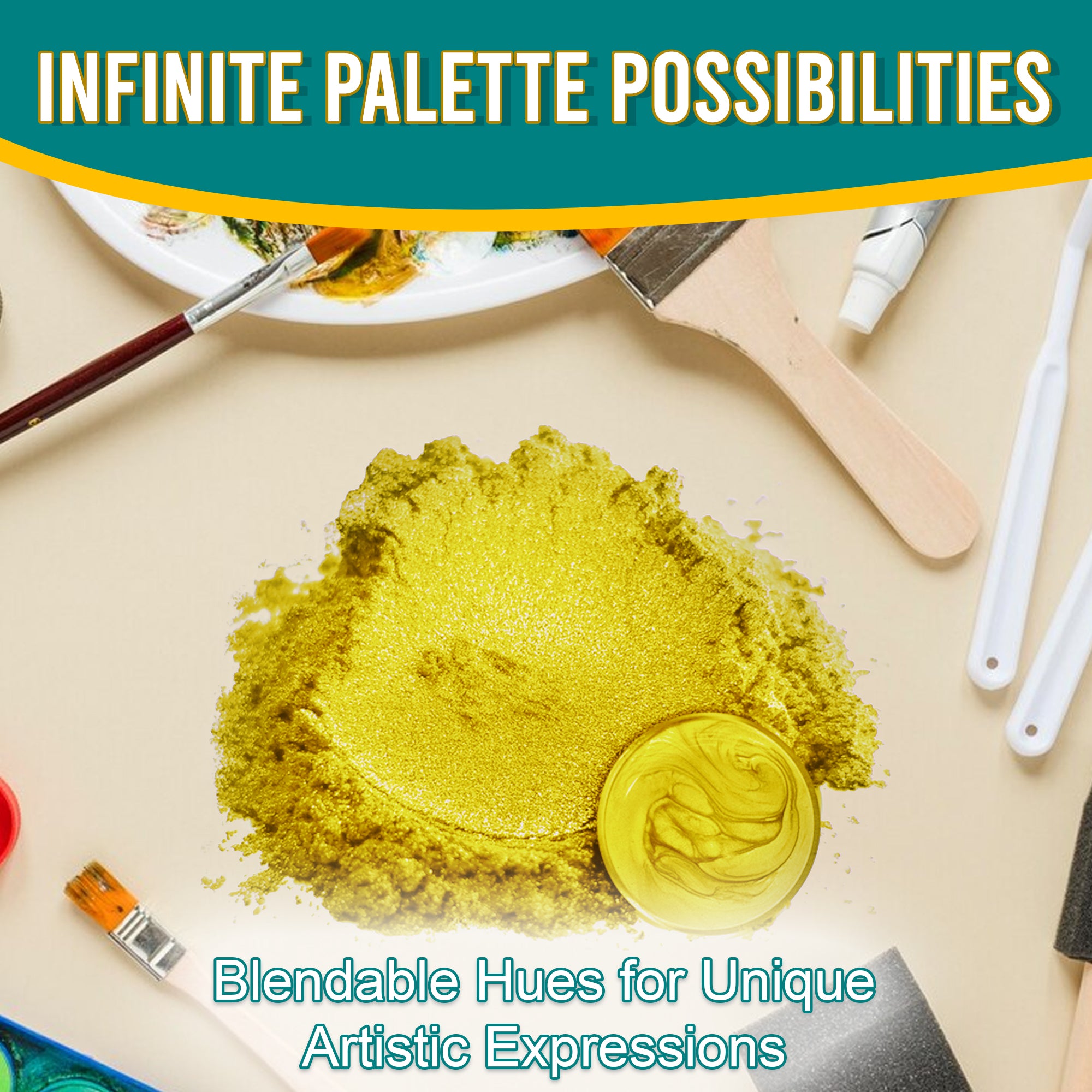 Sunflower Yellow pigment powder spread out, surrounded by artistic tools, emphasizing its blendable hues and infinite palette possibilities for unique artistic expressions.