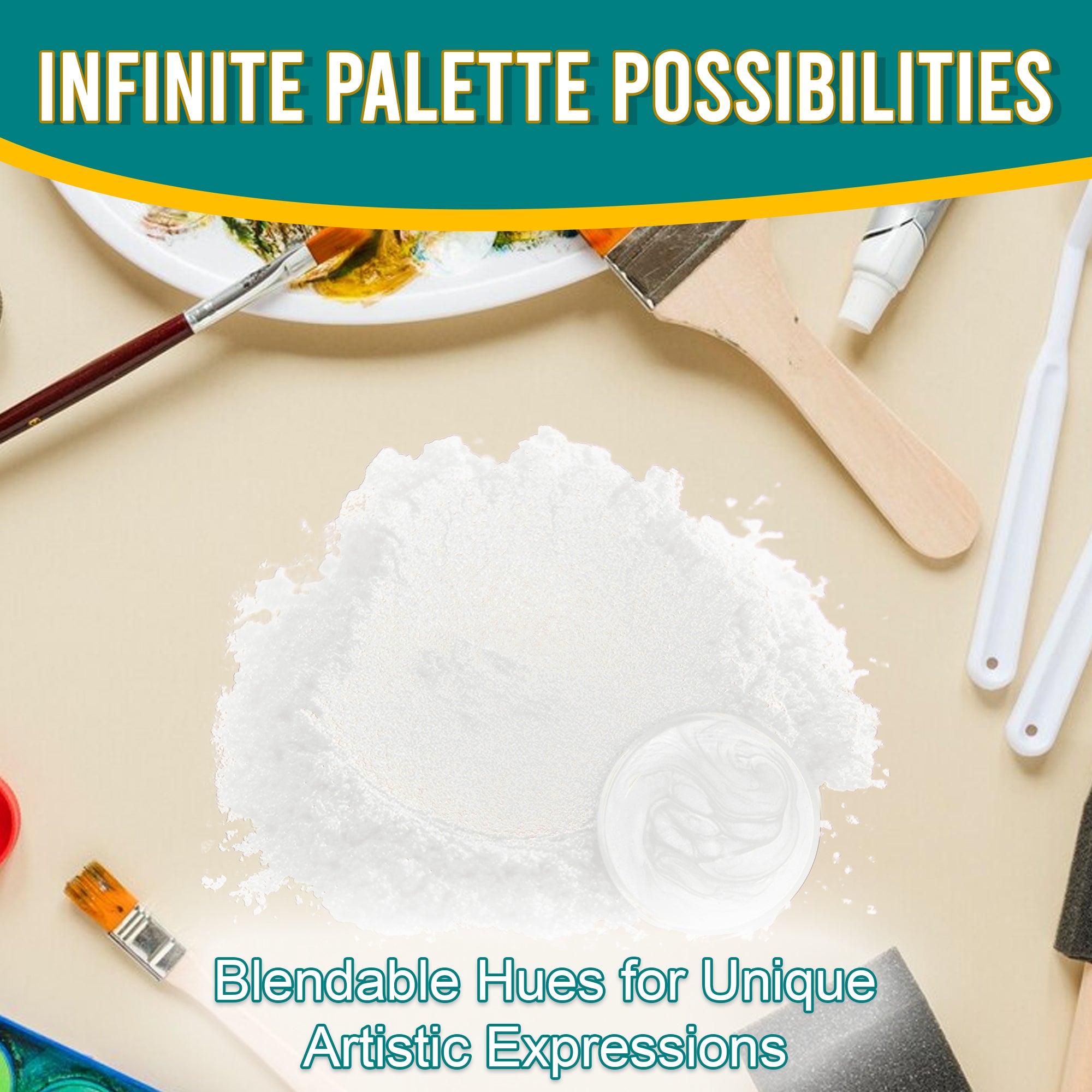 Super Bright White pigment powder spread out, surrounded by artistic tools, emphasizing its blendable hues and infinite palette possibilities for unique artistic expressions.