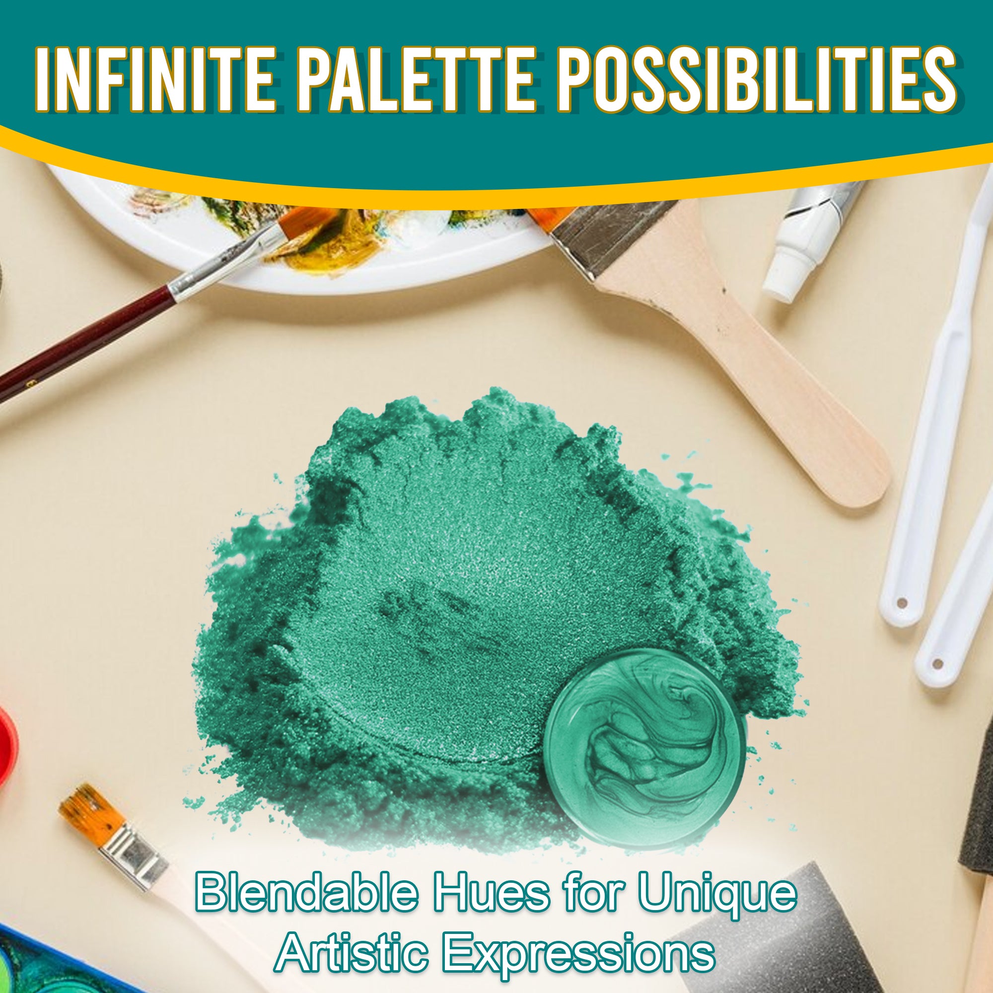 Teal pigment powder spread out, surrounded by artistic tools, emphasizing its blendable hues and infinite palette possibilities for unique artistic expressions.