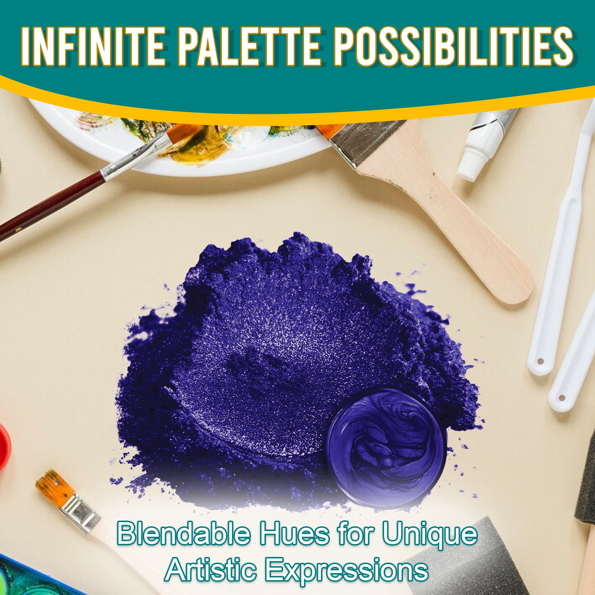 Vinlaceous pigment powder spread out, surrounded by artistic tools, emphasizing its blendable hues and infinite palette possibilities for unique artistic expressions.