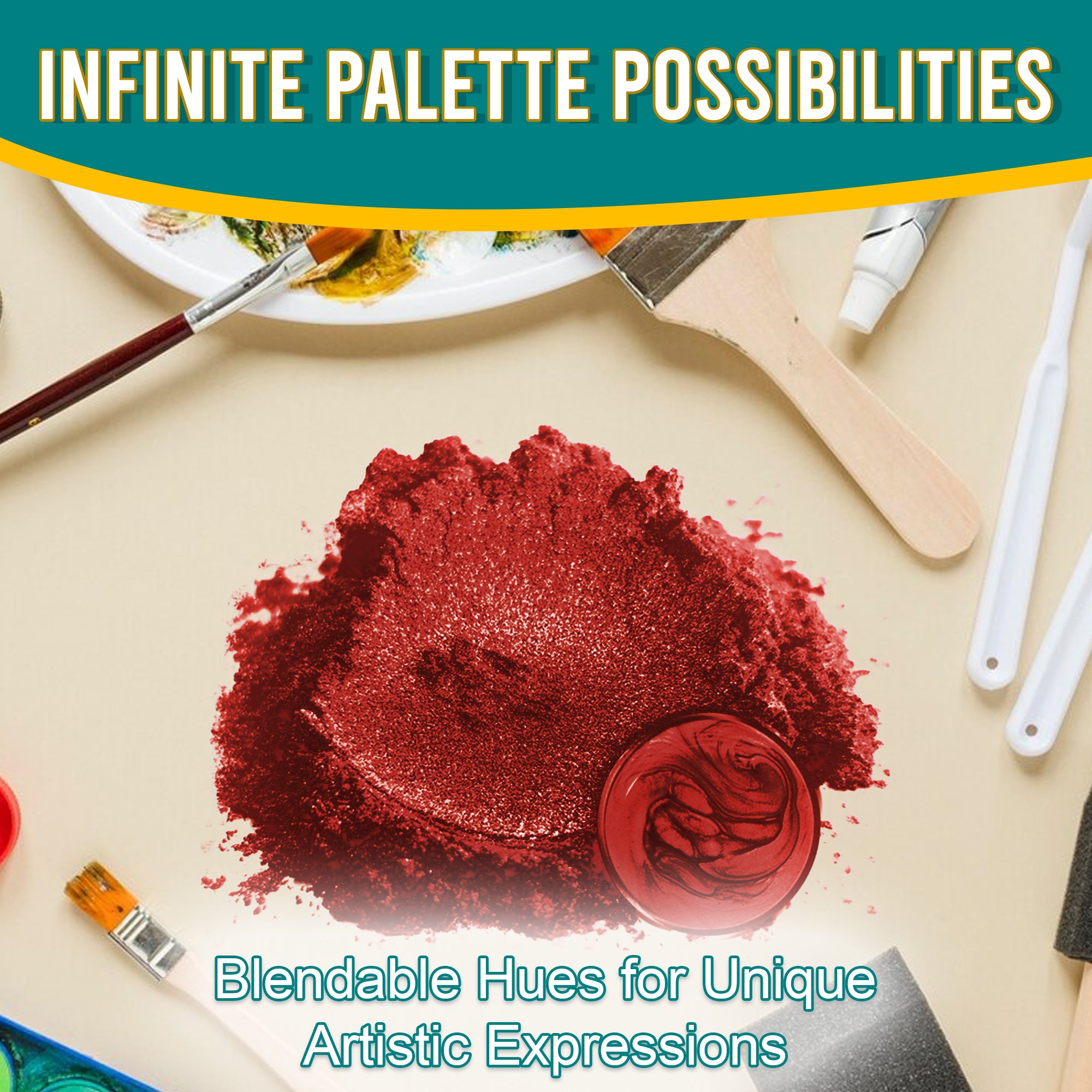 Wine Red Satin pigment powder spread out, surrounded by artistic tools, emphasizing its blendable hues and infinite palette possibilities for unique artistic expressions.