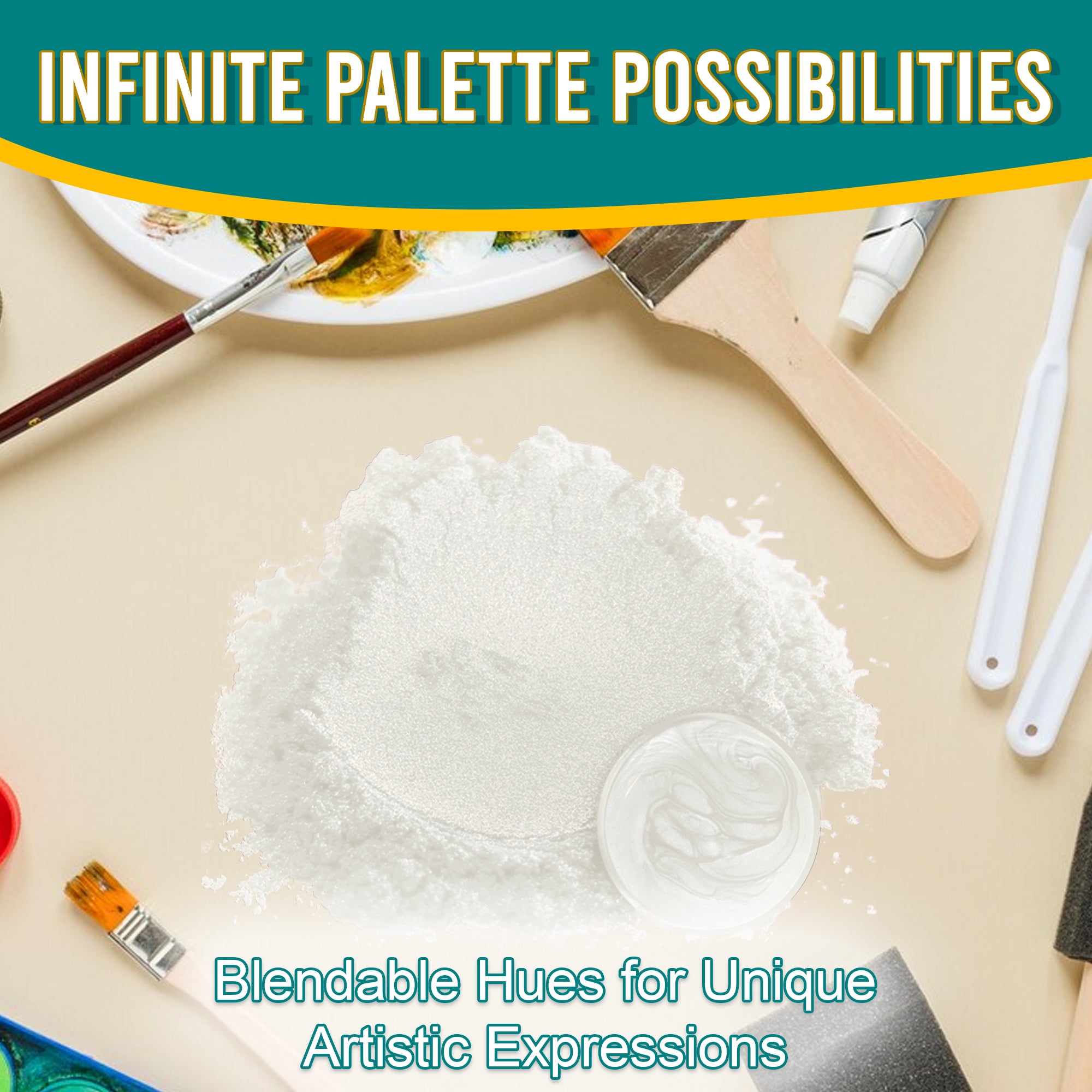 Xtreme Glossy White pigment powder spread out, surrounded by artistic tools, emphasizing its blendable hues and infinite palette possibilities for unique artistic expressions.