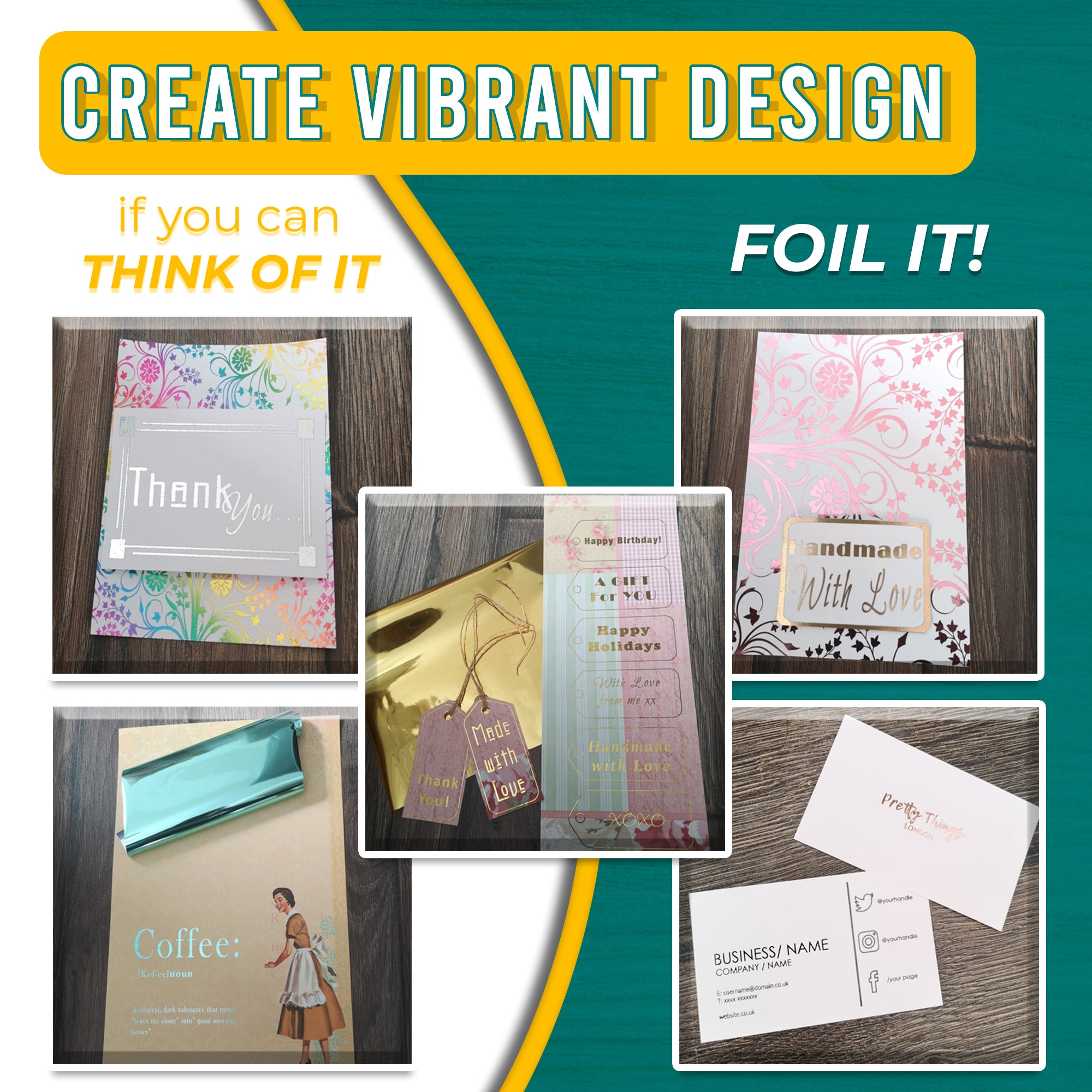 Graphic highlighting various creative uses of toner foil sheets for vibrant designs such as wedding invitations, award certificates, framed prints, business cards, and more. Text reads 'If you can think of it, you can foil it!' with examples of foiled items.