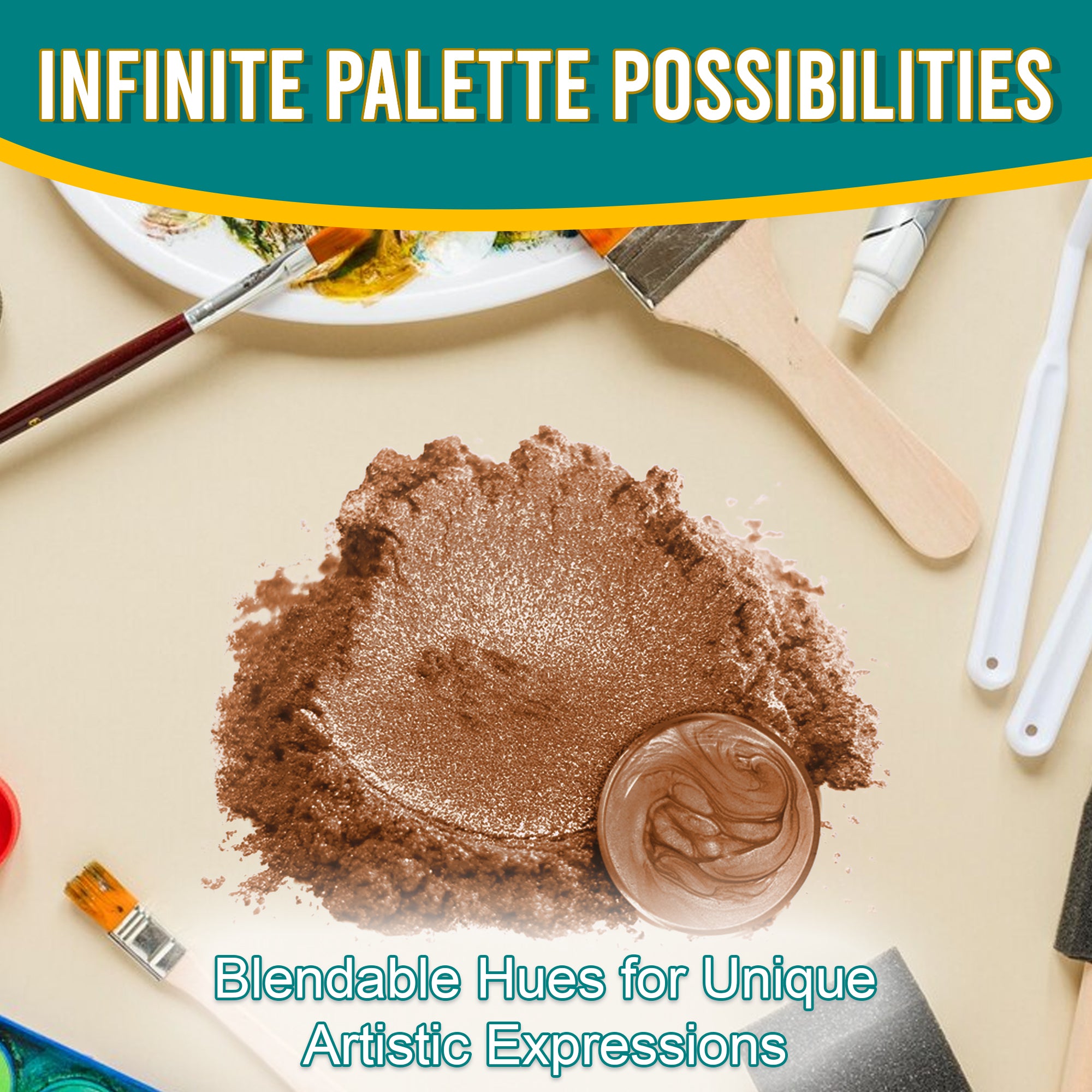 Bronze pigment powder spread out, surrounded by artistic tools, emphasizing its blendable hues and infinite palette possibilities for unique artistic expressions.