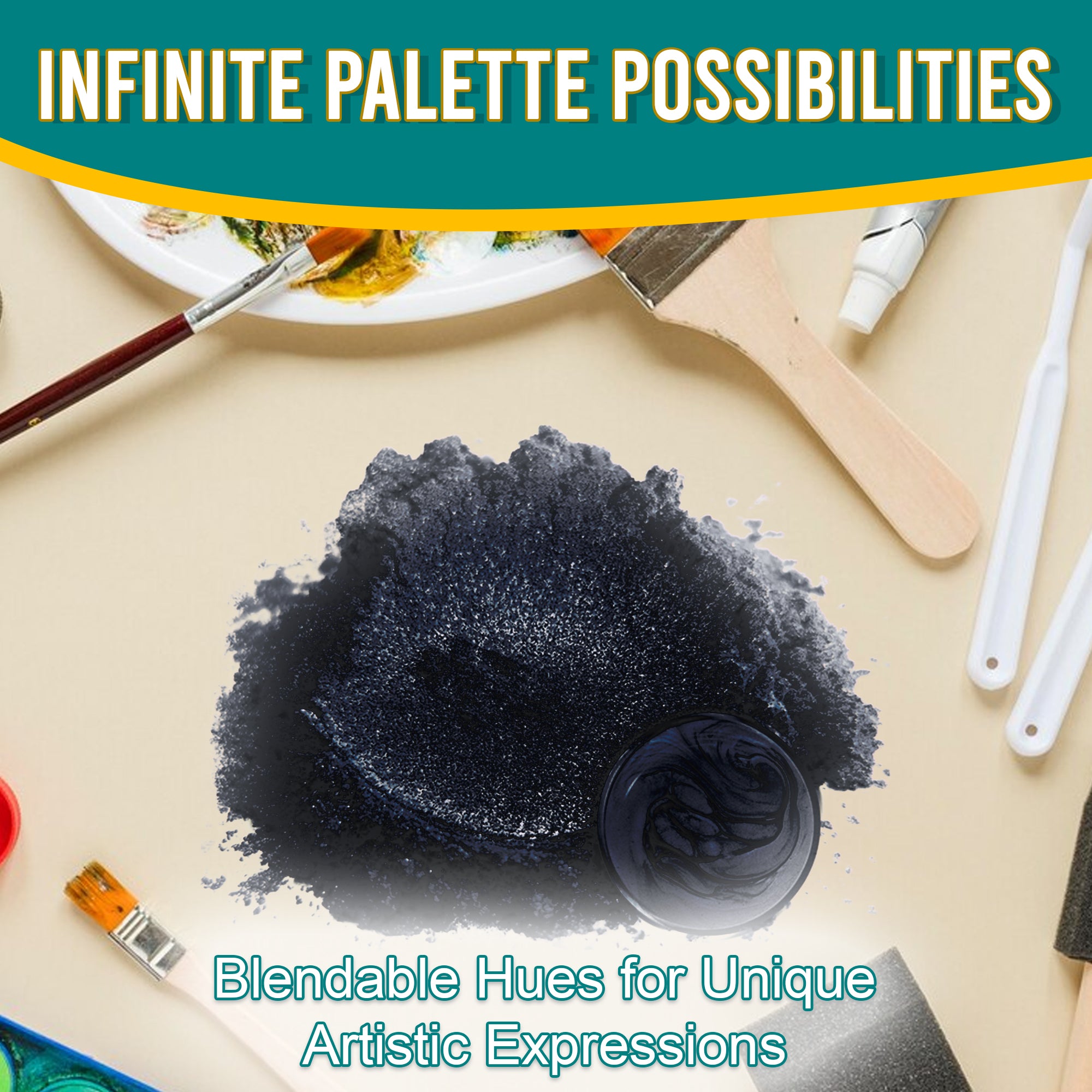 Charcoal pigment powder spread out, surrounded by artistic tools, emphasizing its blendable hues and infinite palette possibilities for unique artistic expressions.