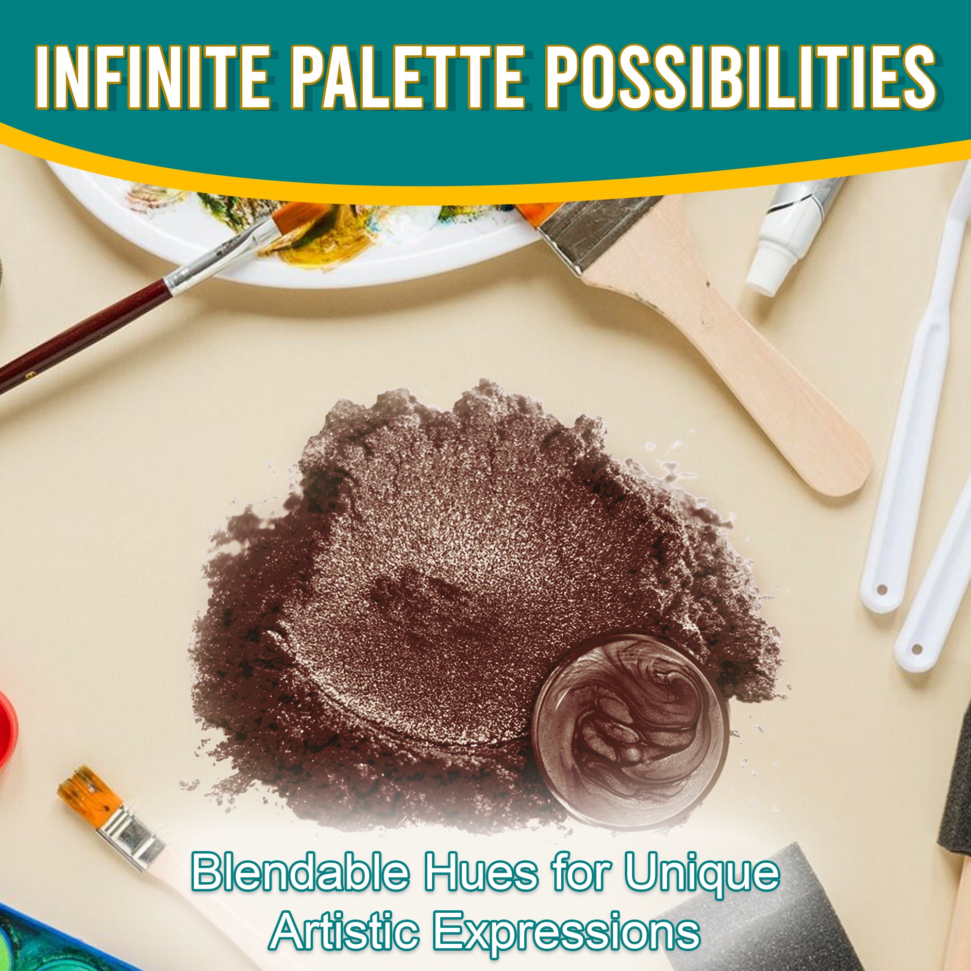 Coffee pigment powder spread out, surrounded by artistic tools, emphasizing its blendable hues and infinite palette possibilities for unique artistic expressions.