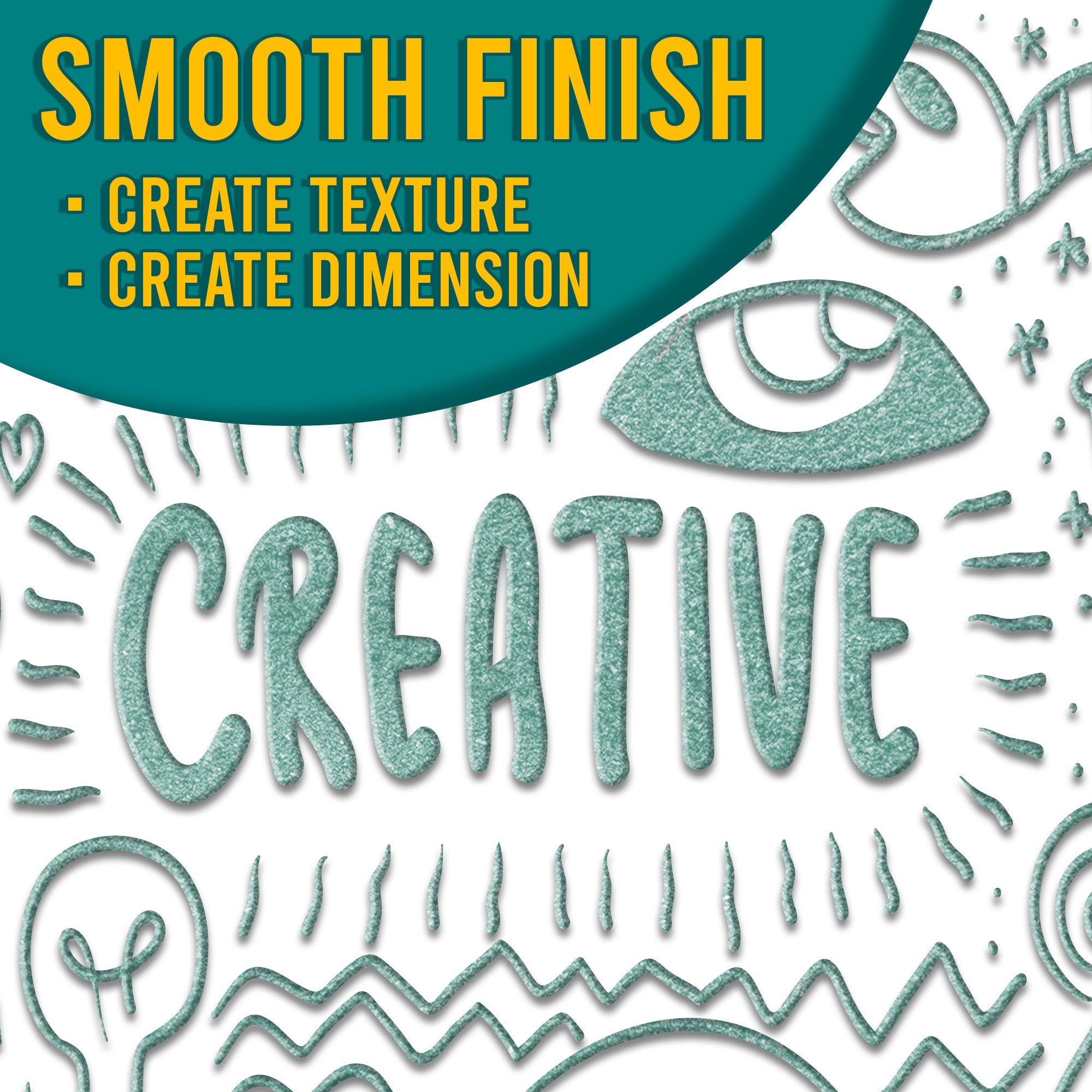 Graphic highlighting the smooth finish of Green Turquoise Pastel embossing powder, with text about creating texture and dimension over a creative design.