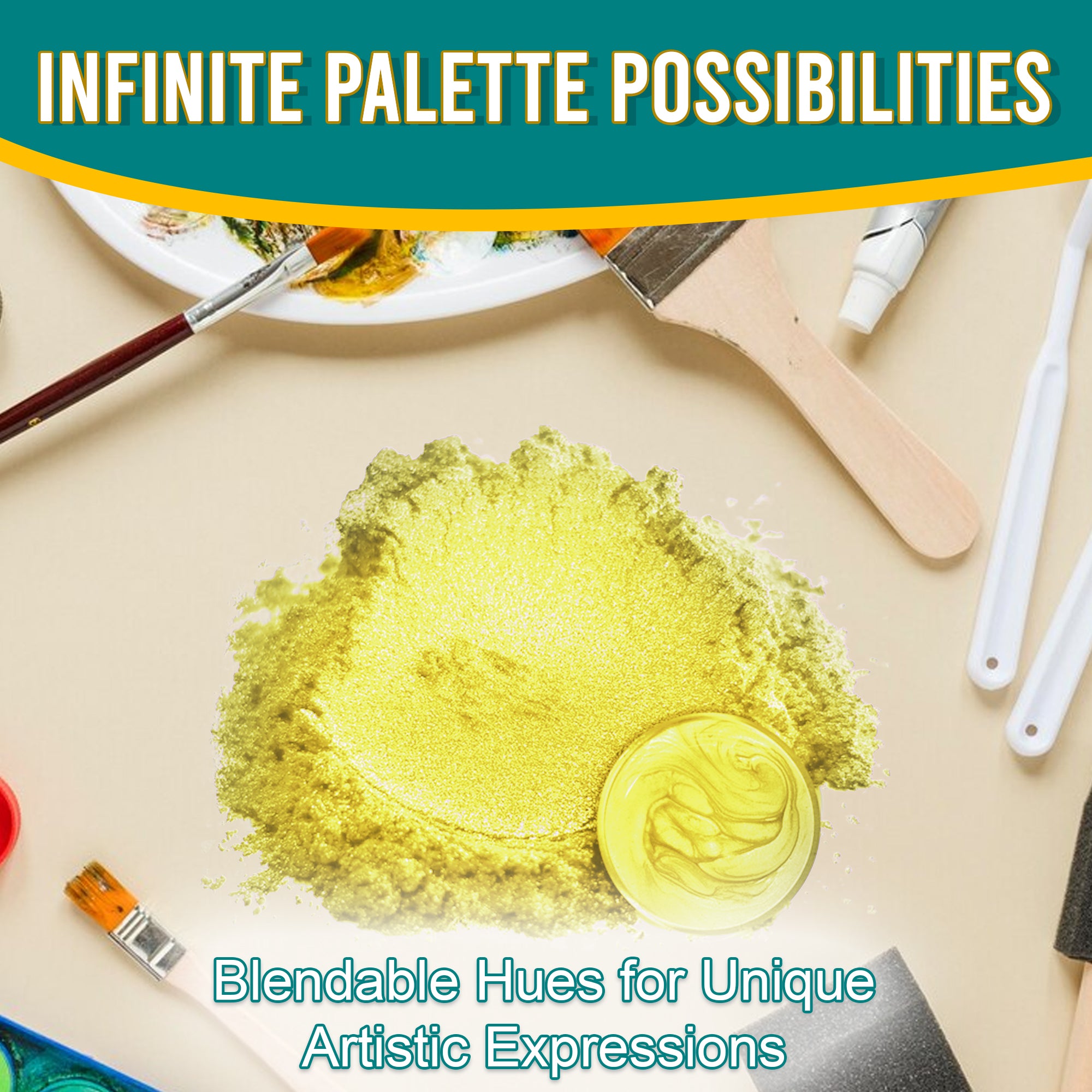 Honeysuckle pigment powder spread out, surrounded by artistic tools, emphasizing its blendable hues and infinite palette possibilities for unique artistic expressions.