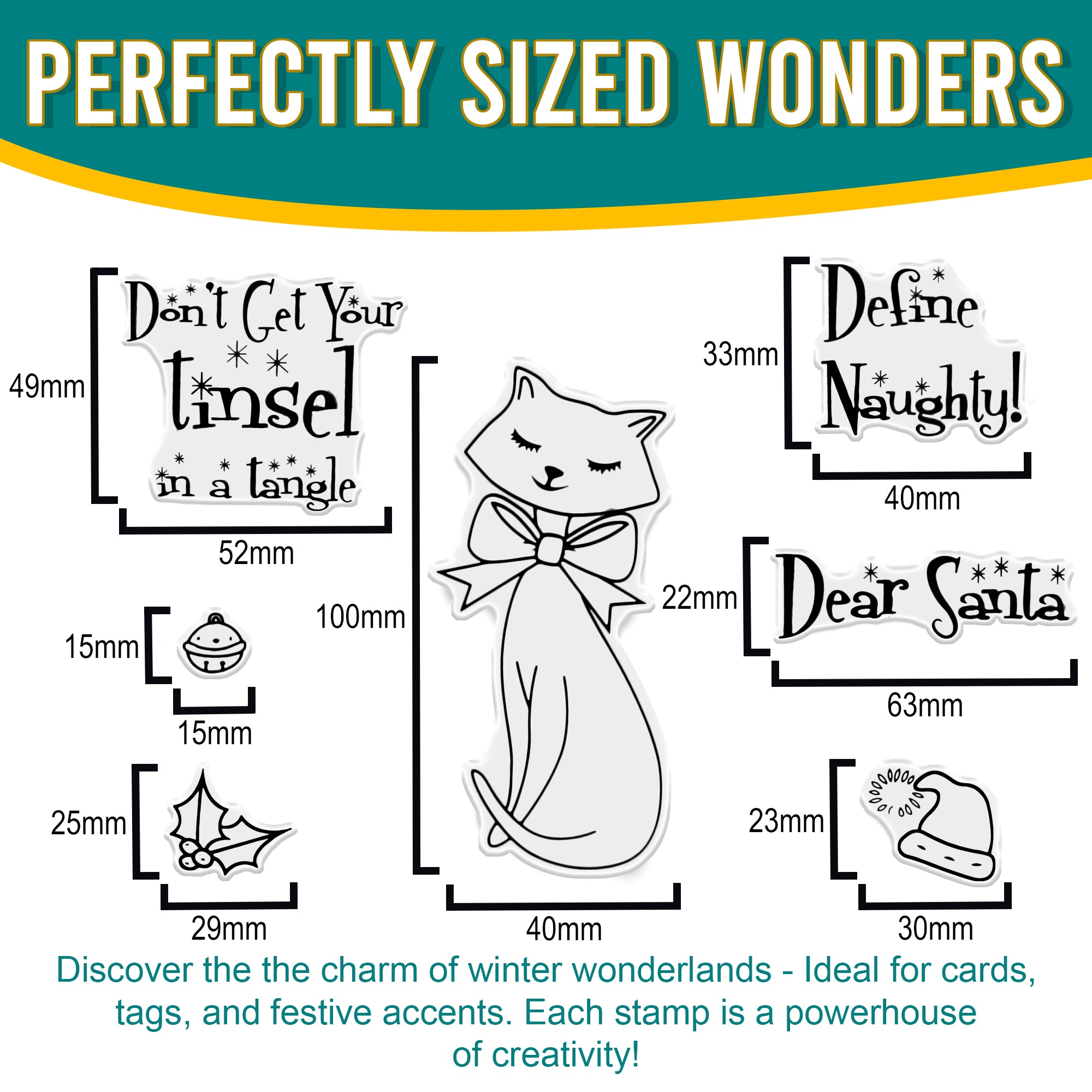 An infographic displaying the sizes of each stamp in the set. The dimensions are given in millimetres, showing the variety of sizes for the different designs, including the phrases and images of the cat, holly, Santa hat, and Christmas ornament.