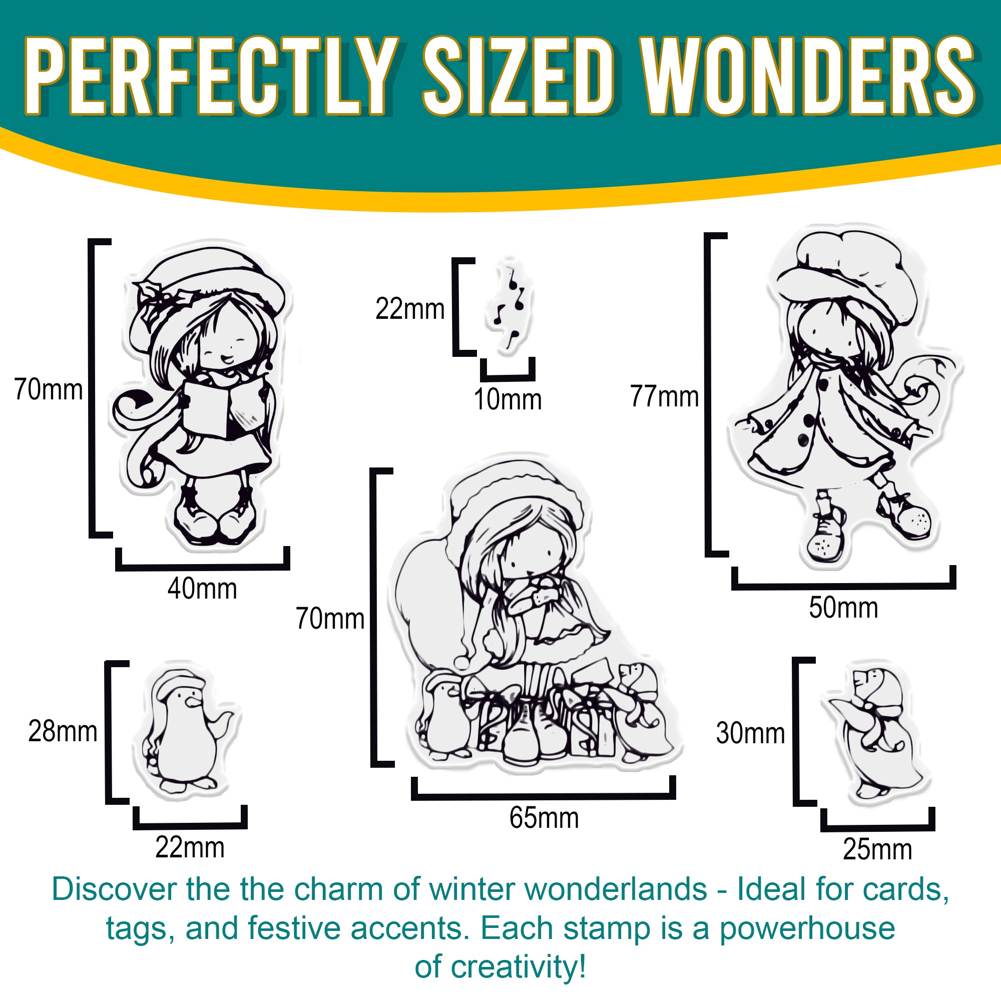 Illustration of the dimensions of each stamp in the Pretty Things London Winter Girls set, providing a clear size guide for each winter-themed stamp design.