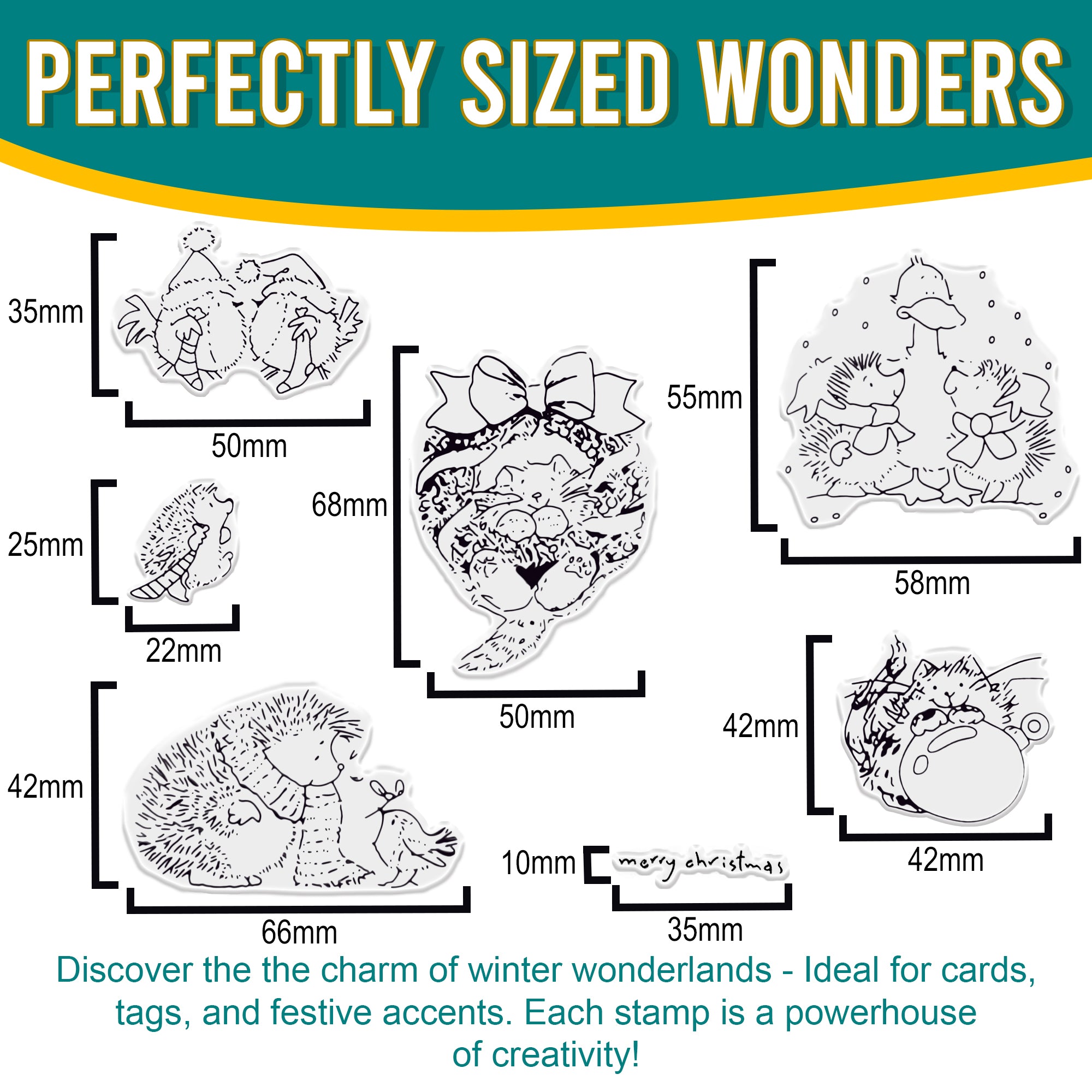 A size guide for the Pretty Things London Christmas Animals stamps, illustrating the dimensions of each stamp. The set includes hedgehogs, a wreath, a cat, and other festive designs. The text describes the stamps as perfectly sized wonders, ideal for cards, tags, and festive accents.