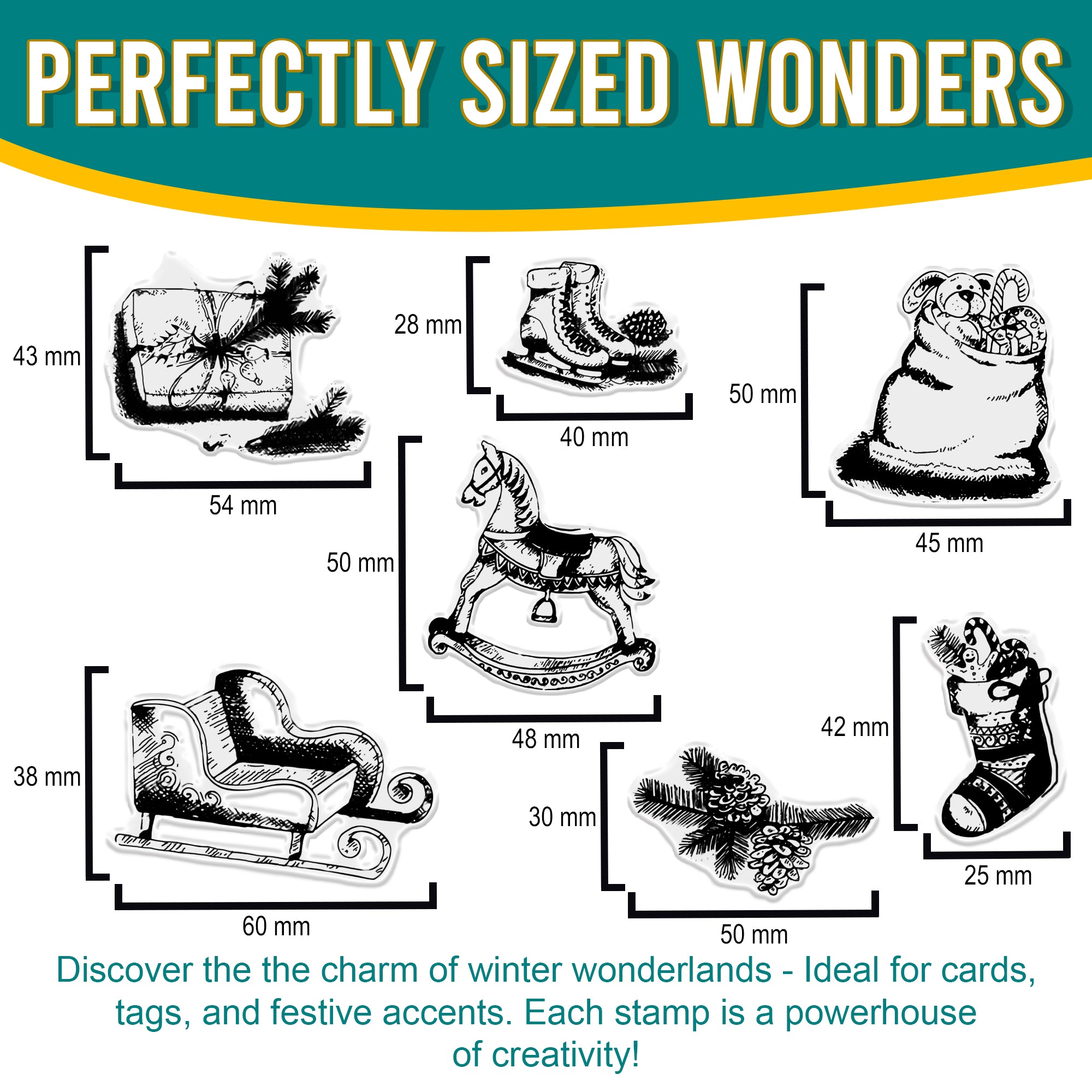 Illustration showing the dimensions of each stamp in the set. The stamps include a wrapped gift (54x43mm), ice skates (40x28mm), rocking horse (50x40mm), bag of toys (50x45mm), sleigh (60x38mm), and Christmas stocking (42x25mm). The text highlights the stamps as ideal for cards, tags, and festive accents.