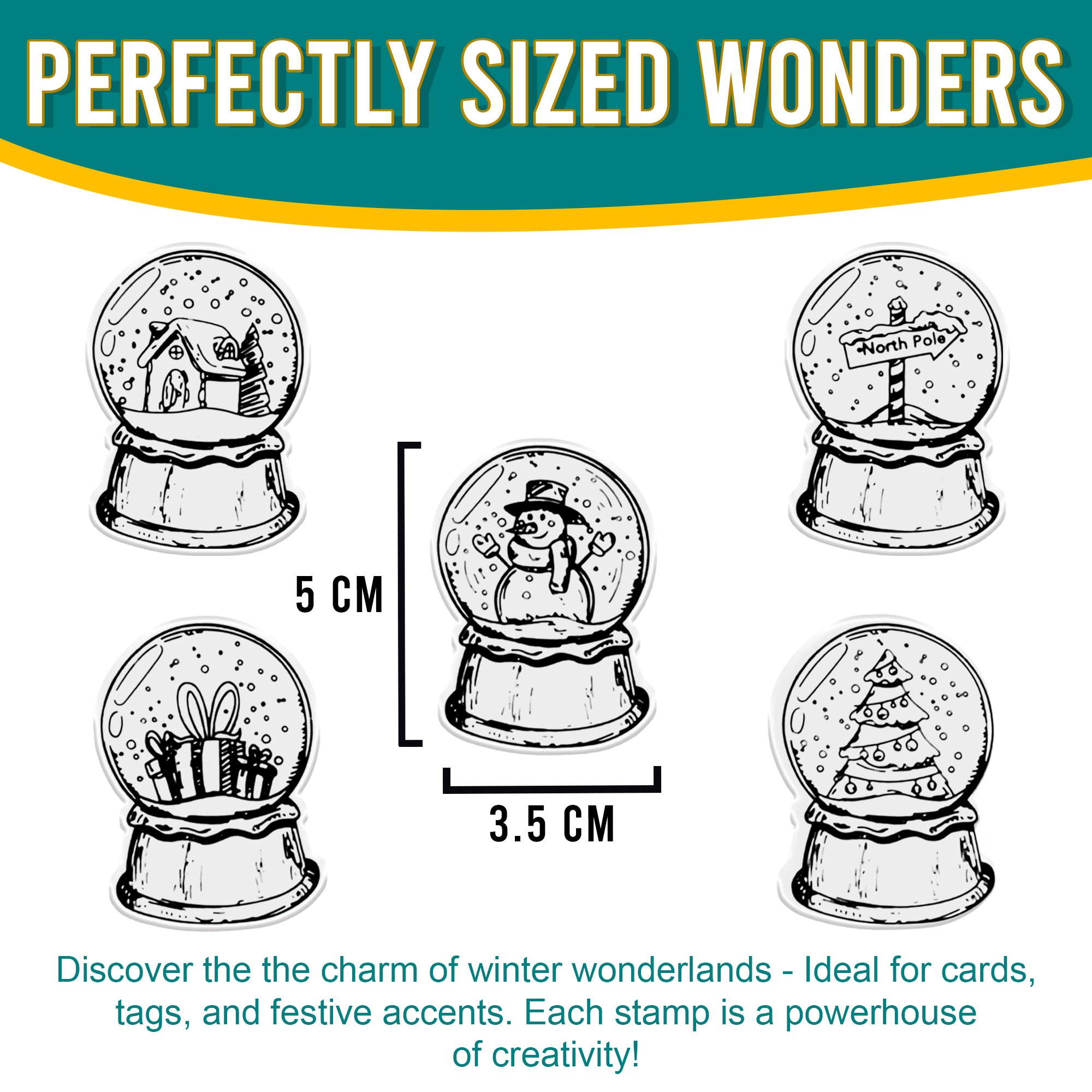 Close-up of various snow globe stamp designs with measurements. Each stamp, ideal for cards, tags, and festive accents, is shown with dimensions for clarity. The text 'PERFECTLY SIZED WONDERS' highlights the creativity and ideal sizing of these stamps for various crafting projects.