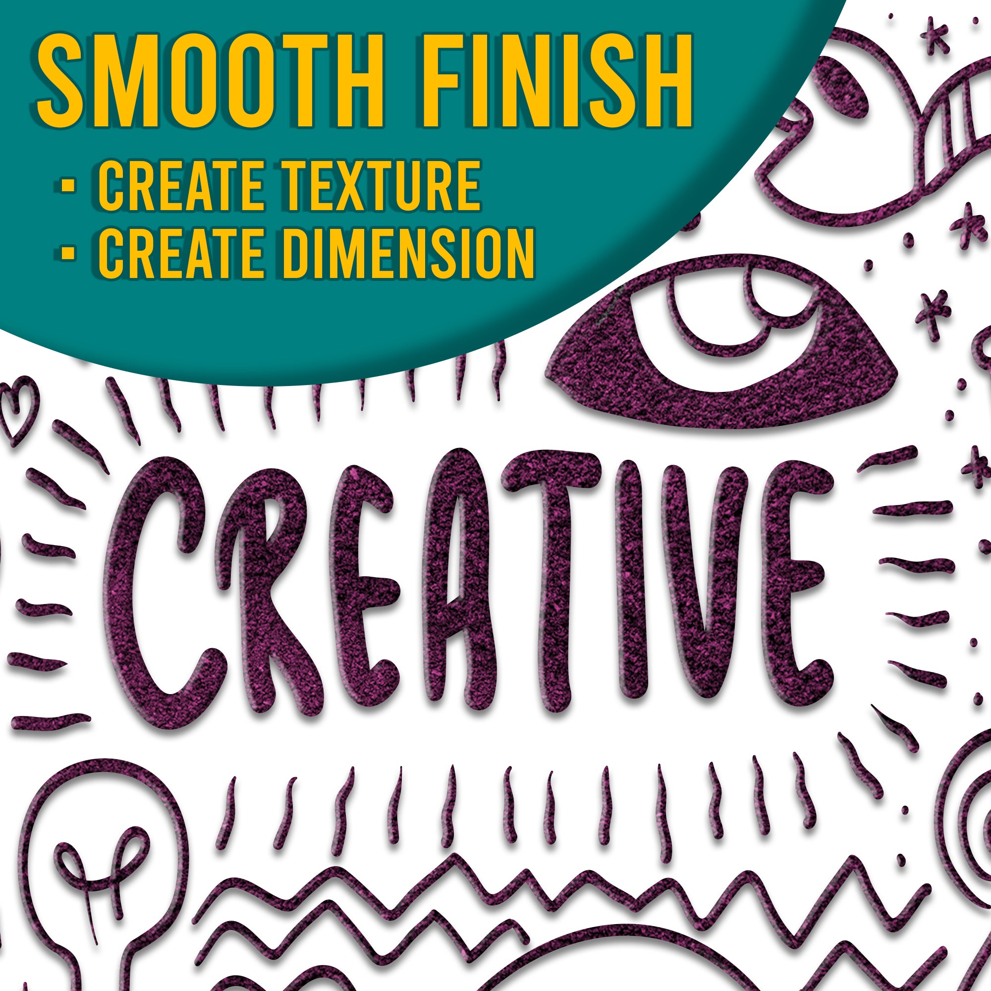 Visual demonstration of the smooth finish of Purple Razzmic Berry embossing powder, with the text 'Smooth Finish - Create Texture, Create Dimension' overlaying an intricate design.